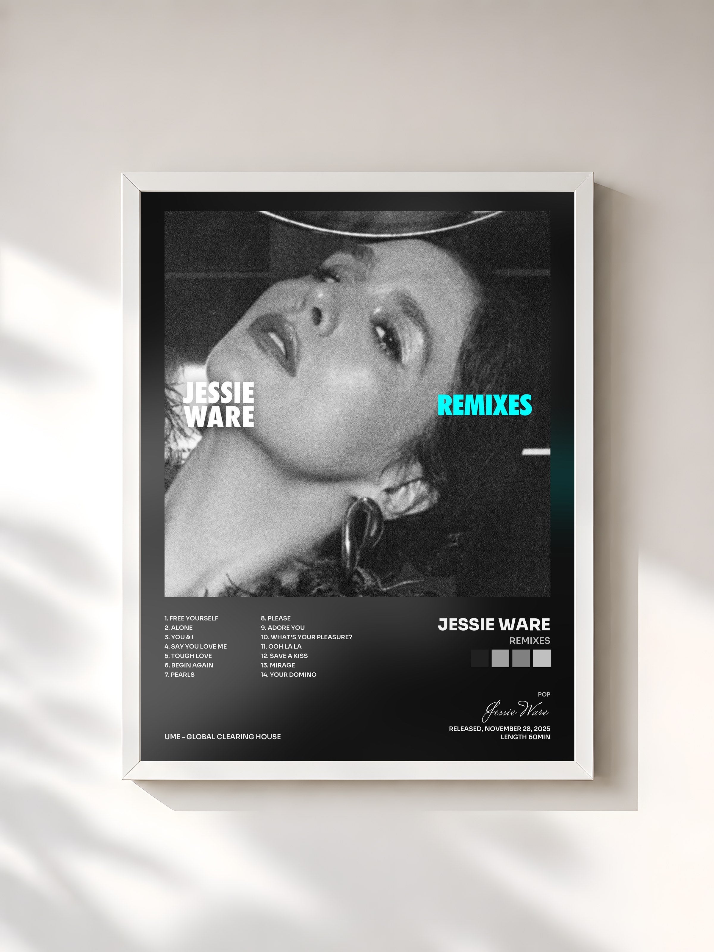 #blanc Tableau de l'album Remixes de Jessie Ware, cadre blanc, imprimé et encadré en France