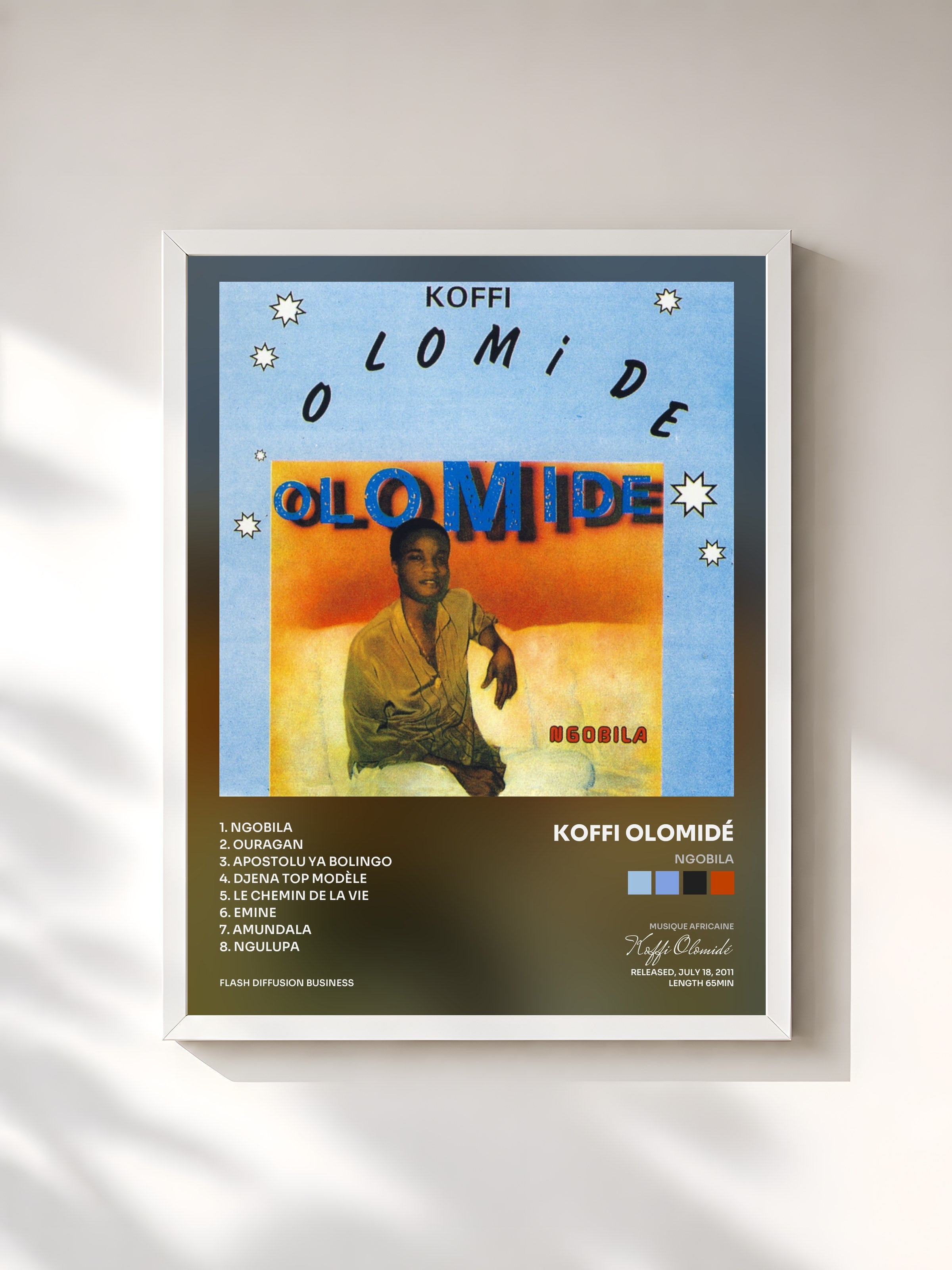 #blanc Tableau de l'album Ngobila de Koffi Olomidé, cadre blanc, imprimé et encadré en France