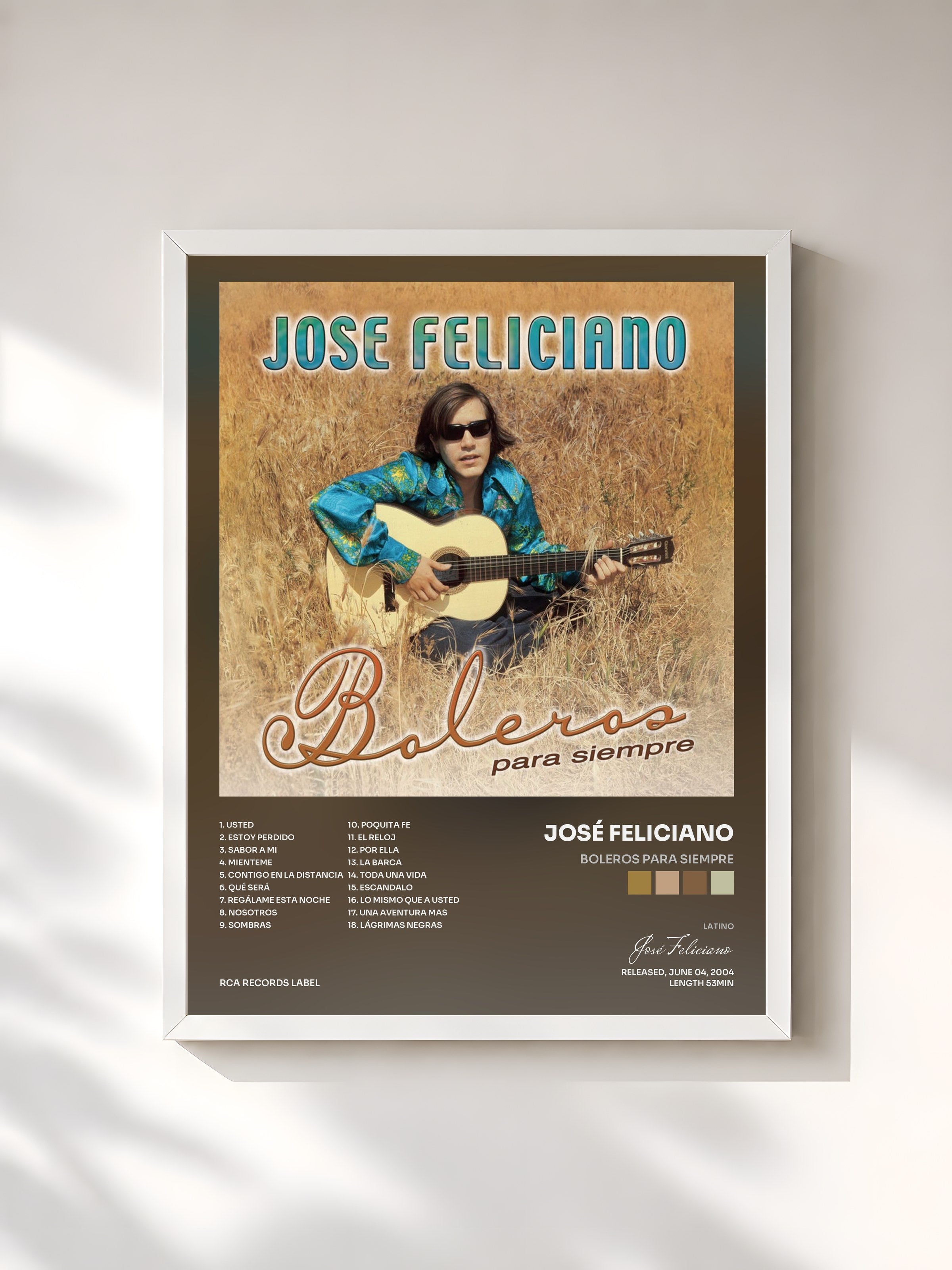 #blanc Tableau de l'album Boleros Para Siempre de José Feliciano, cadre blanc, imprimé et encadré en France