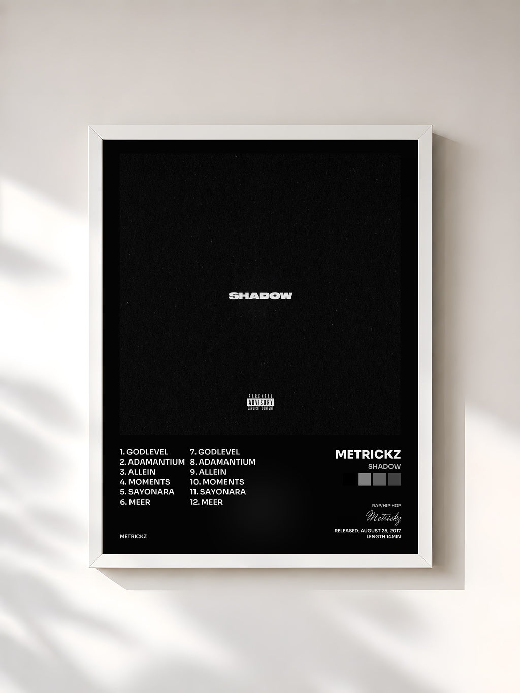 #blanc Tableau de l'album Shadow de Metrickz, cadre blanc, imprimé et encadré en France