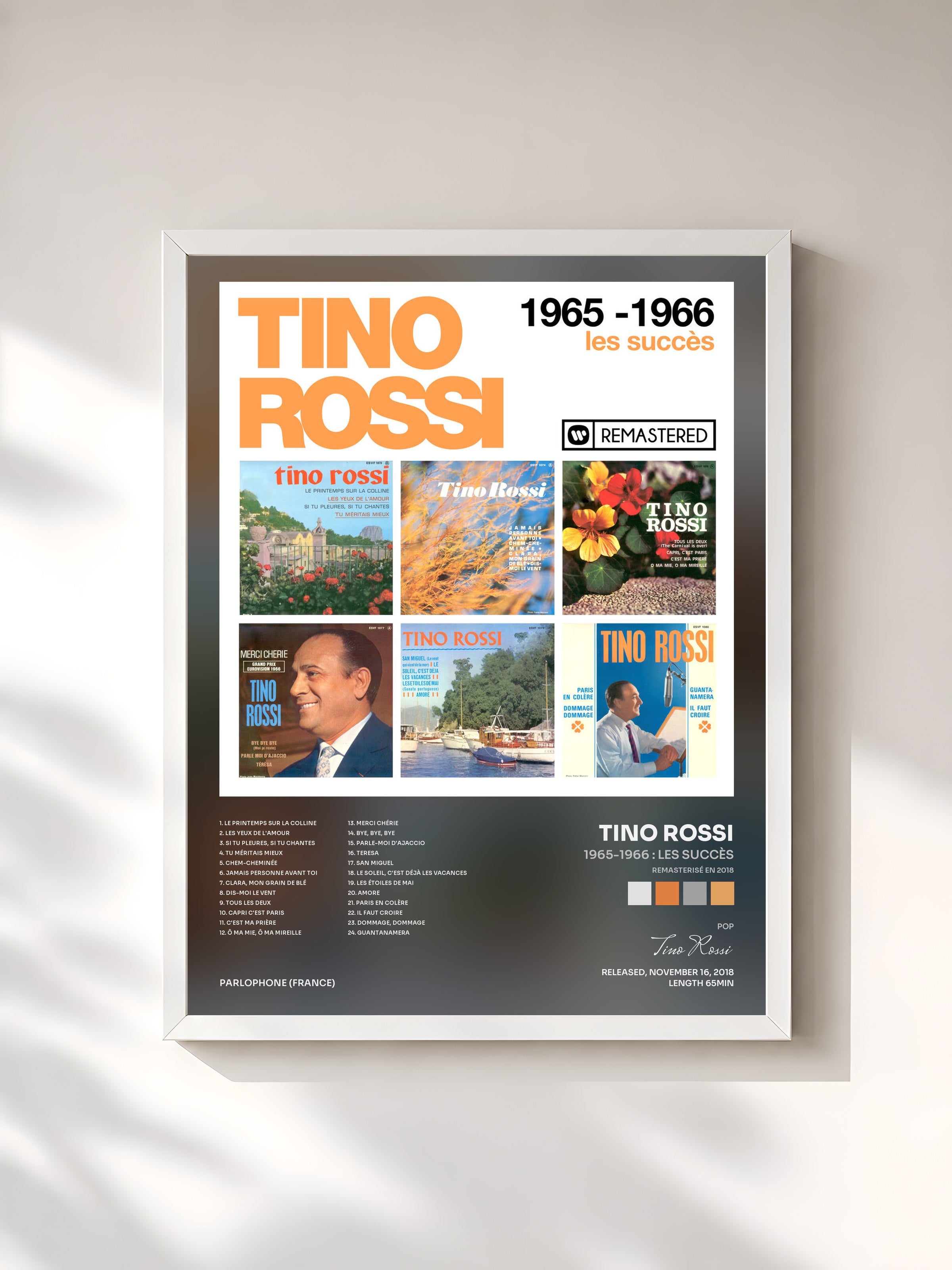 #blanc Tableau de l'album 1965-1966 : Les succès (Remasterisé en 2018) de Tino Rossi, cadre blanc, imprimé et encadré en France