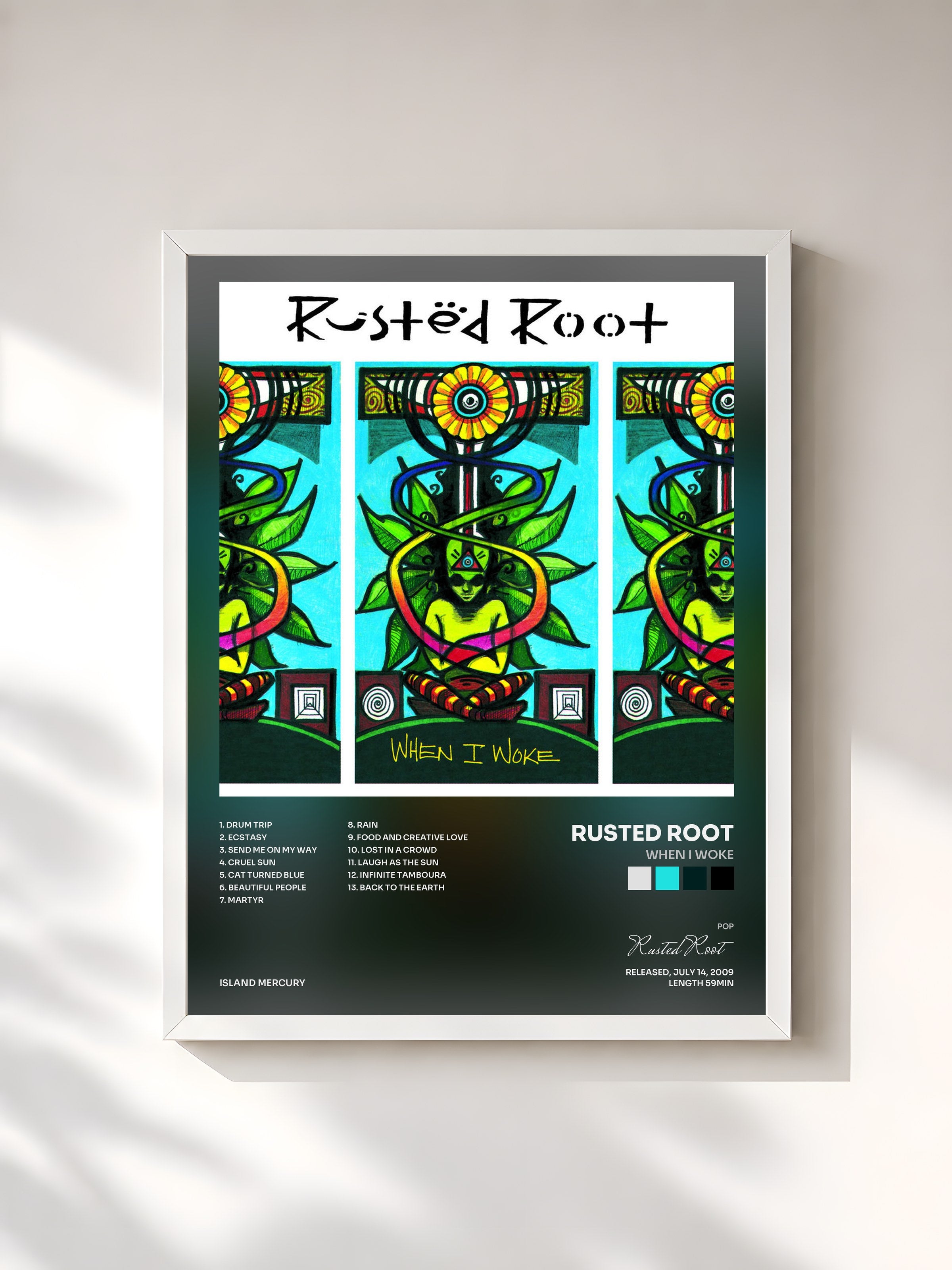 #blanc Tableau de l'album When I Woke de Rusted Root, cadre blanc, imprimé et encadré en France