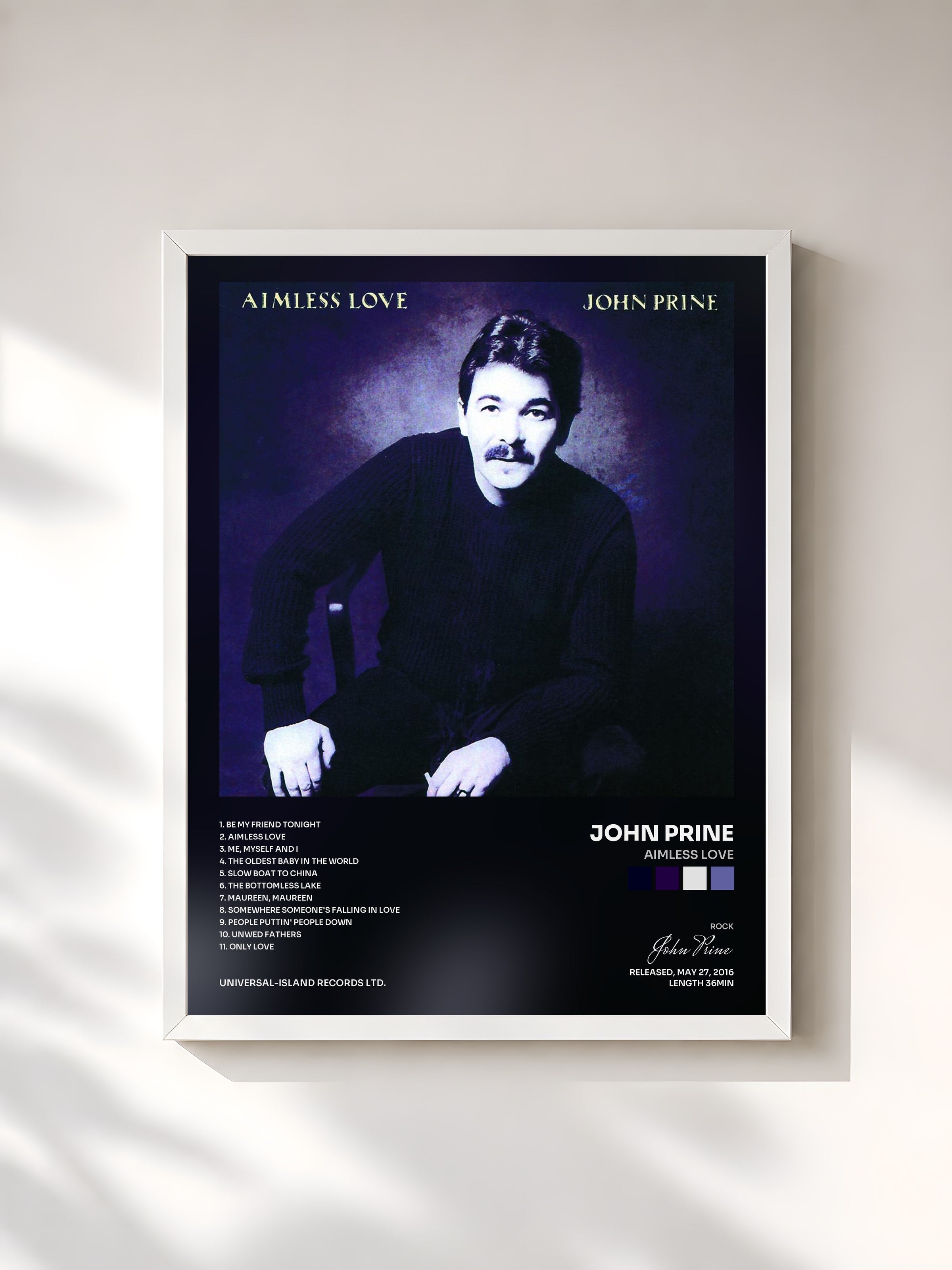 #blanc Tableau de l'album Aimless Love de John Prine, cadre blanc, imprimé et encadré en France