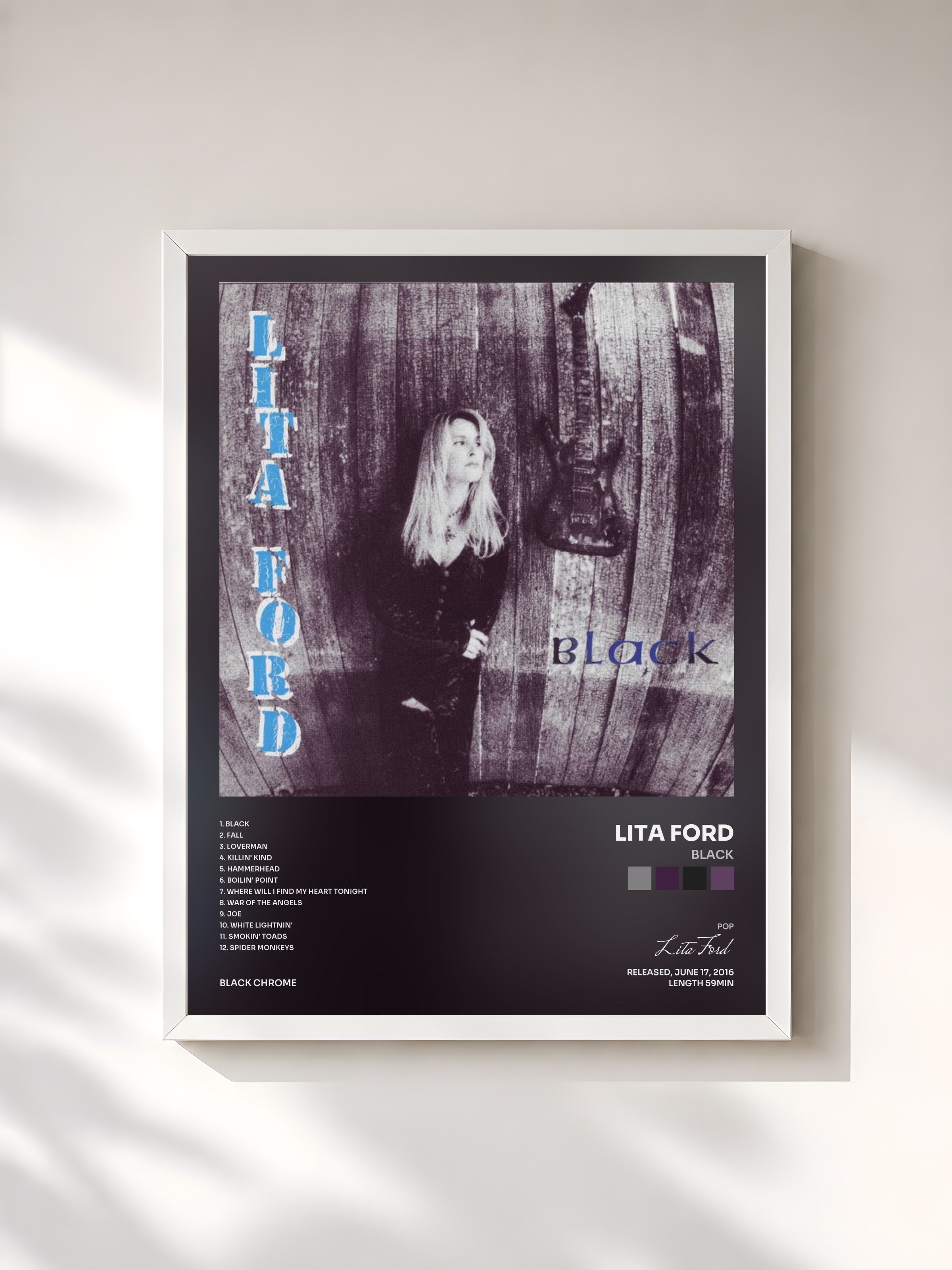 #blanc Tableau de l'album Black de Lita Ford, cadre blanc, imprimé et encadré en France