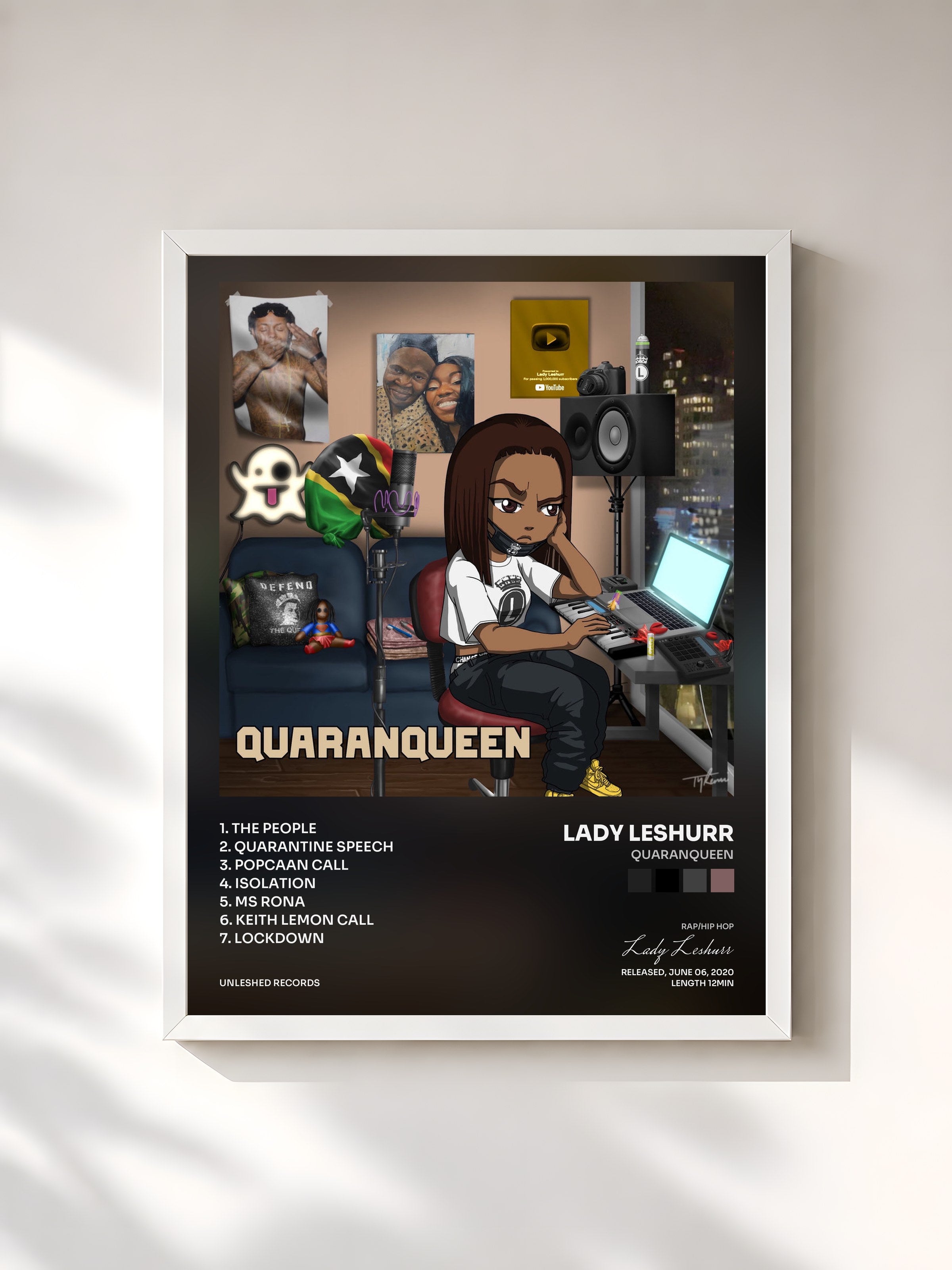 #blanc Tableau de l'album Quaranqueen de Lady Leshurr, cadre blanc, imprimé et encadré en France