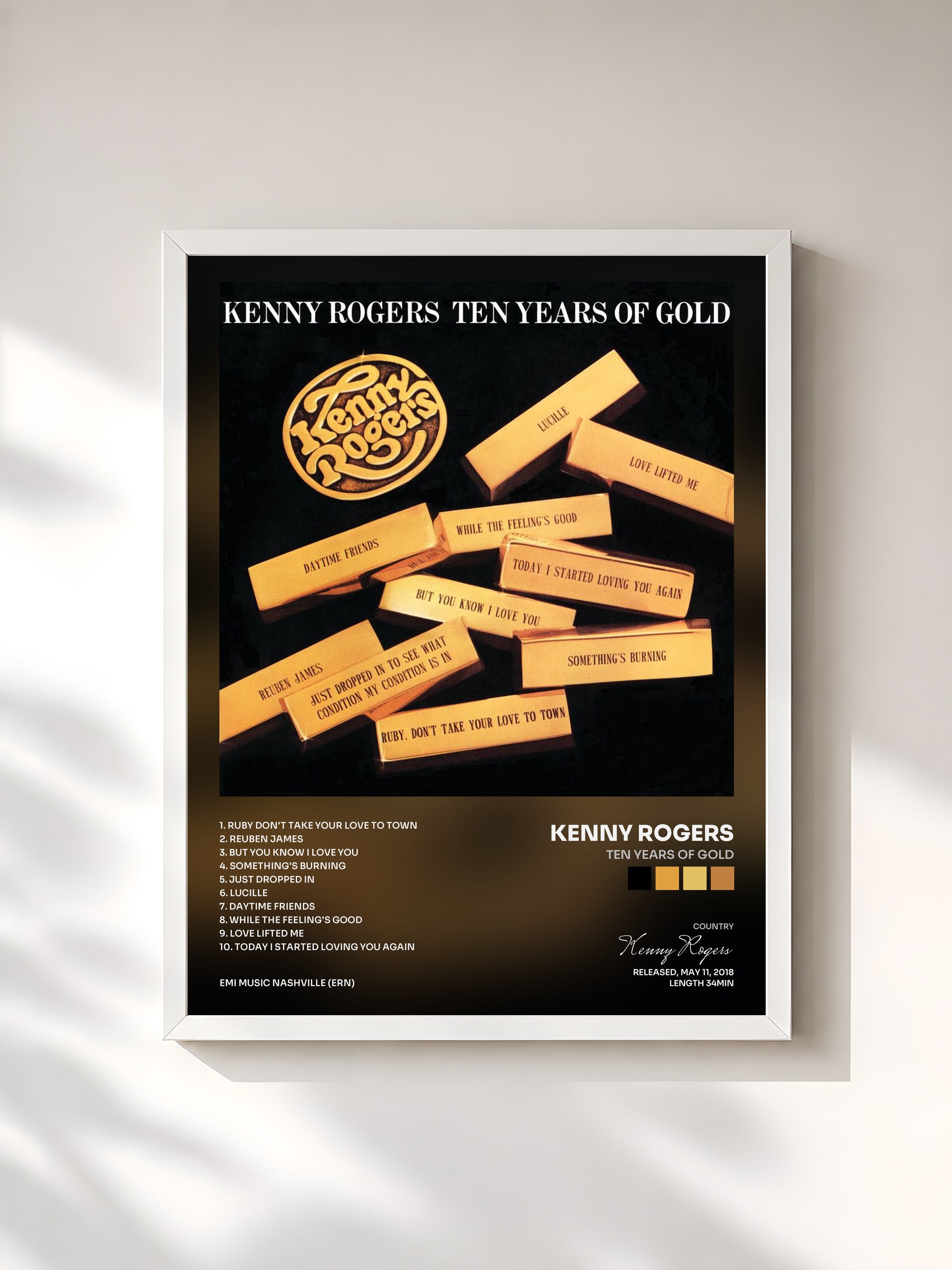 #blanc Tableau de l'album Ten Years Of Gold de Kenny Rogers, cadre blanc, imprimé et encadré en France
