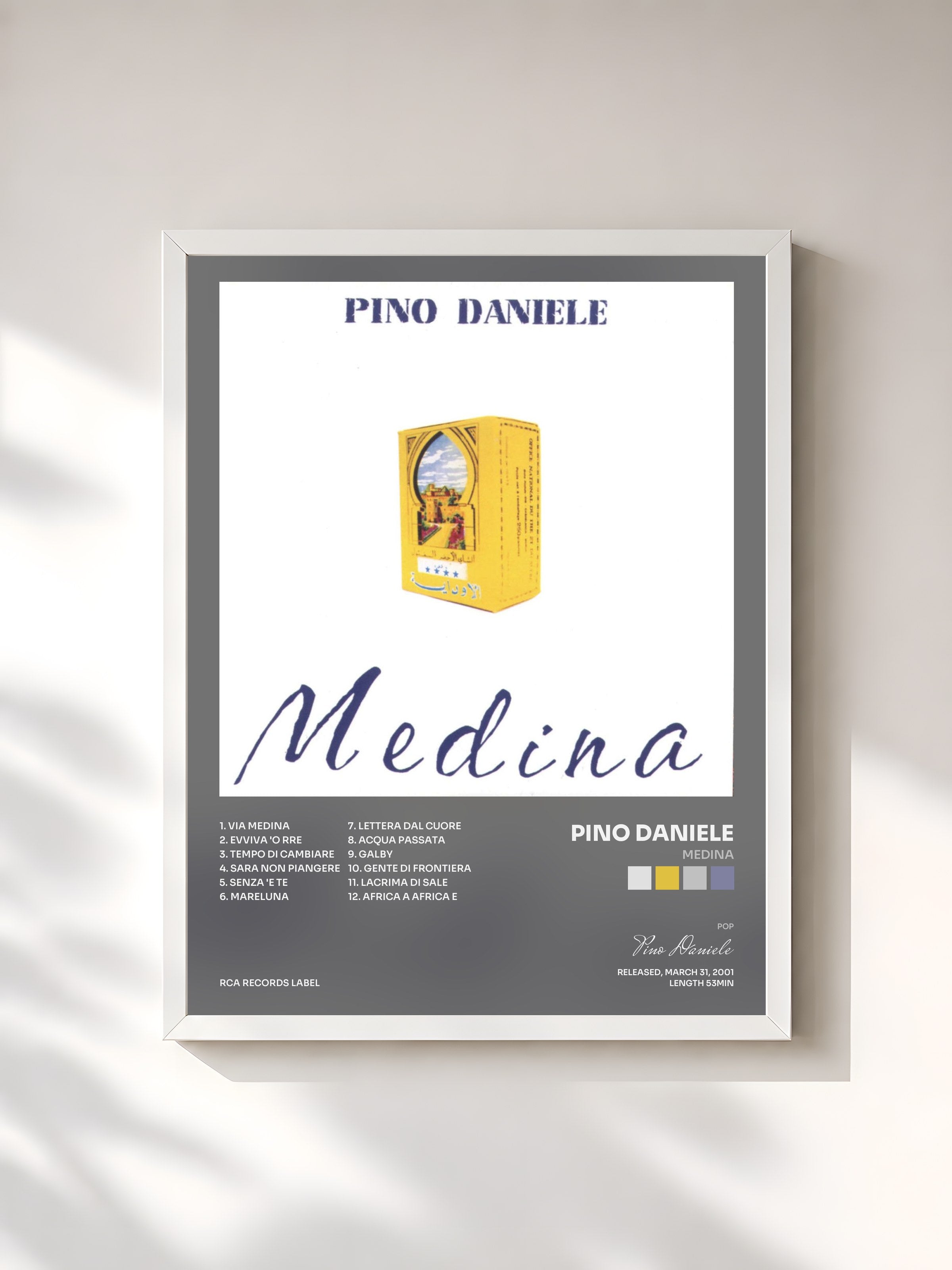 #blanc Tableau de l'album Medina de Pino Daniele, cadre blanc, imprimé et encadré en France