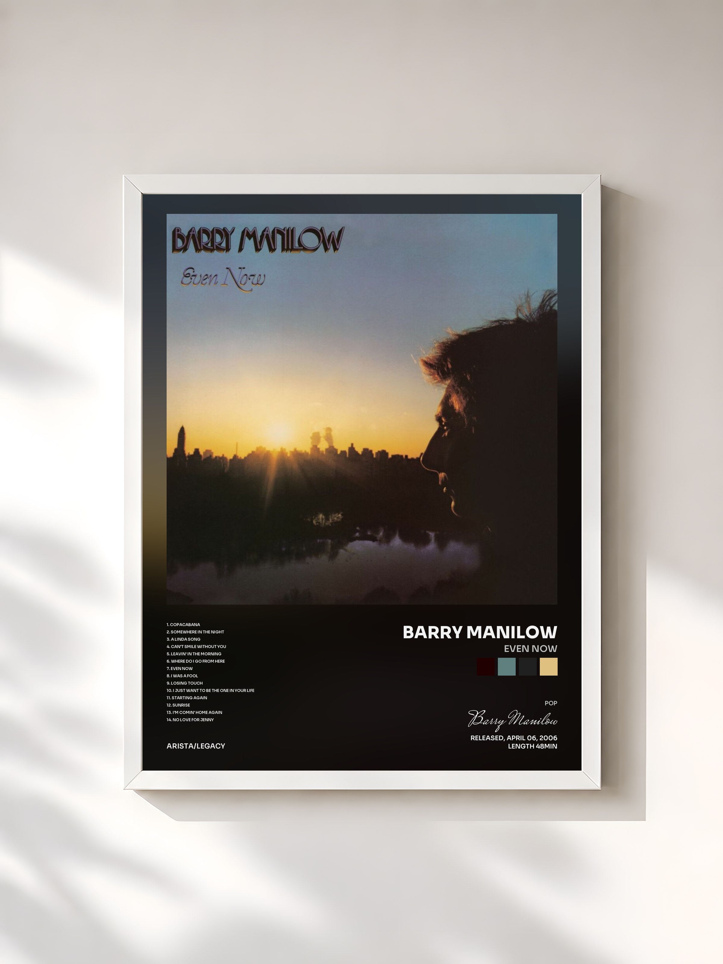 #blanc Tableau de l'album Even Now de Barry Manilow, cadre blanc, imprimé et encadré en France