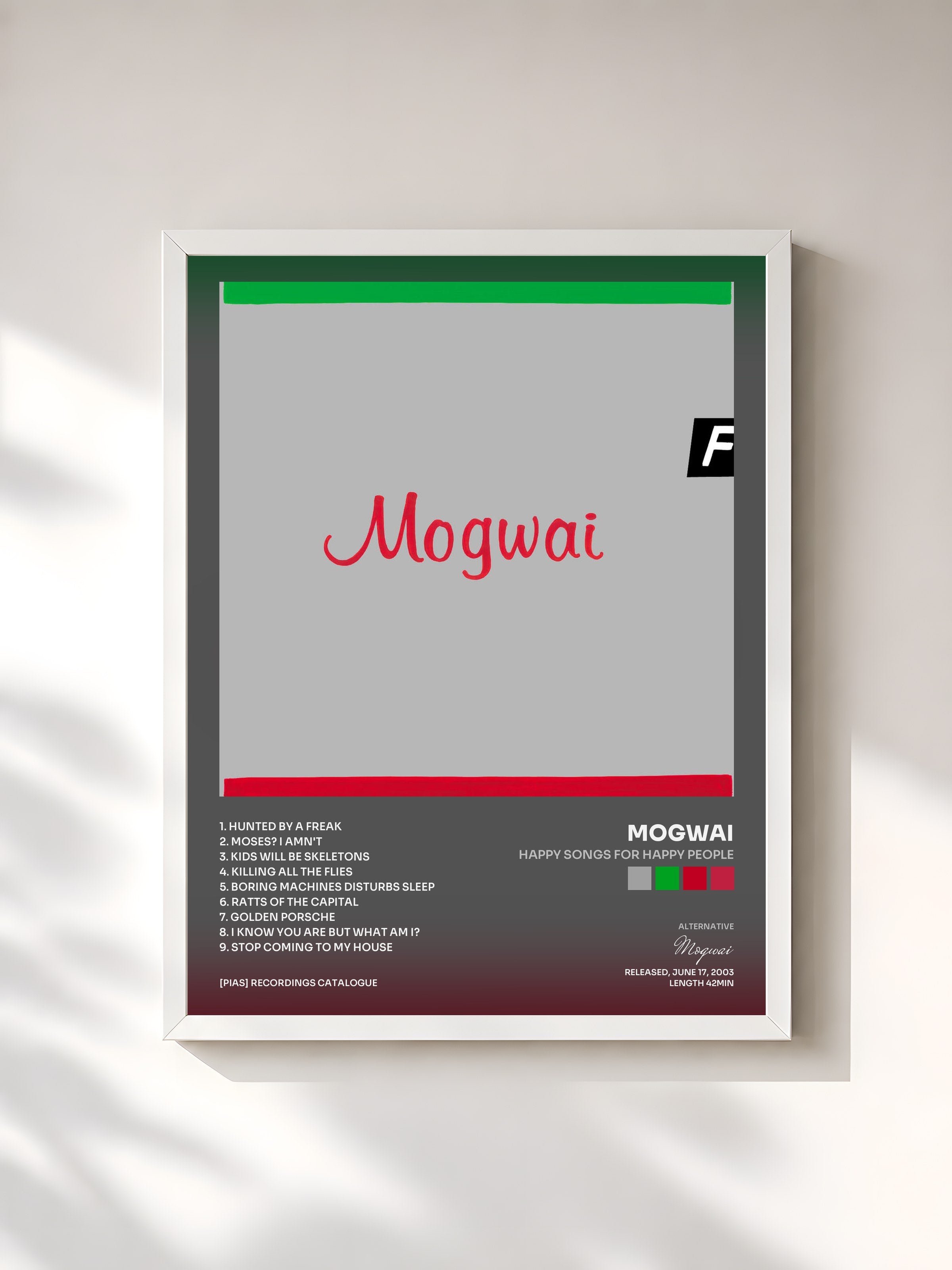 #blanc Tableau de l'album Happy Songs for Happy People de Mogwai, cadre blanc, imprimé et encadré en France
