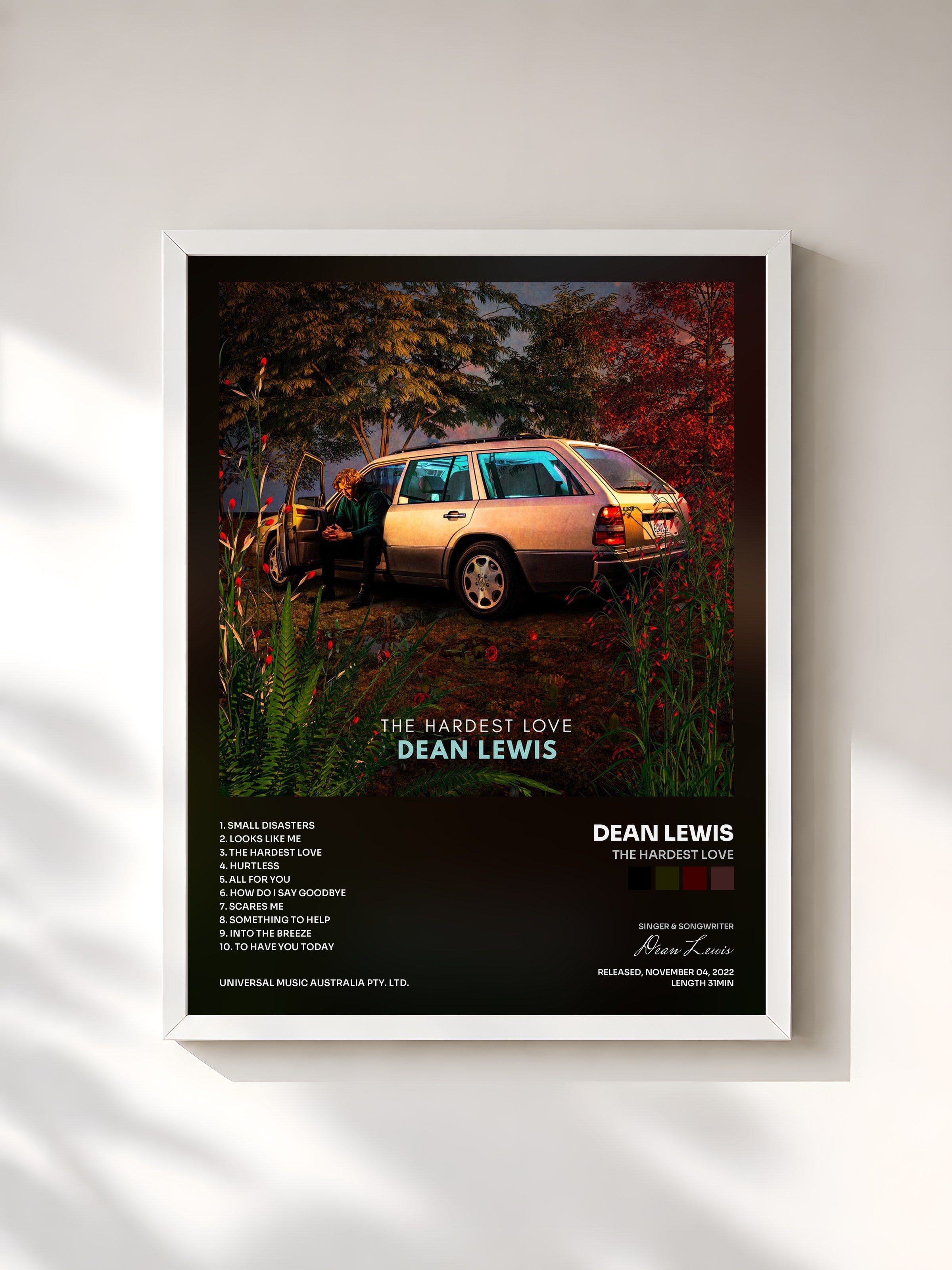 #blanc Tableau de l'album The Hardest Love de Dean Lewis, cadre blanc, imprimé et encadré en France