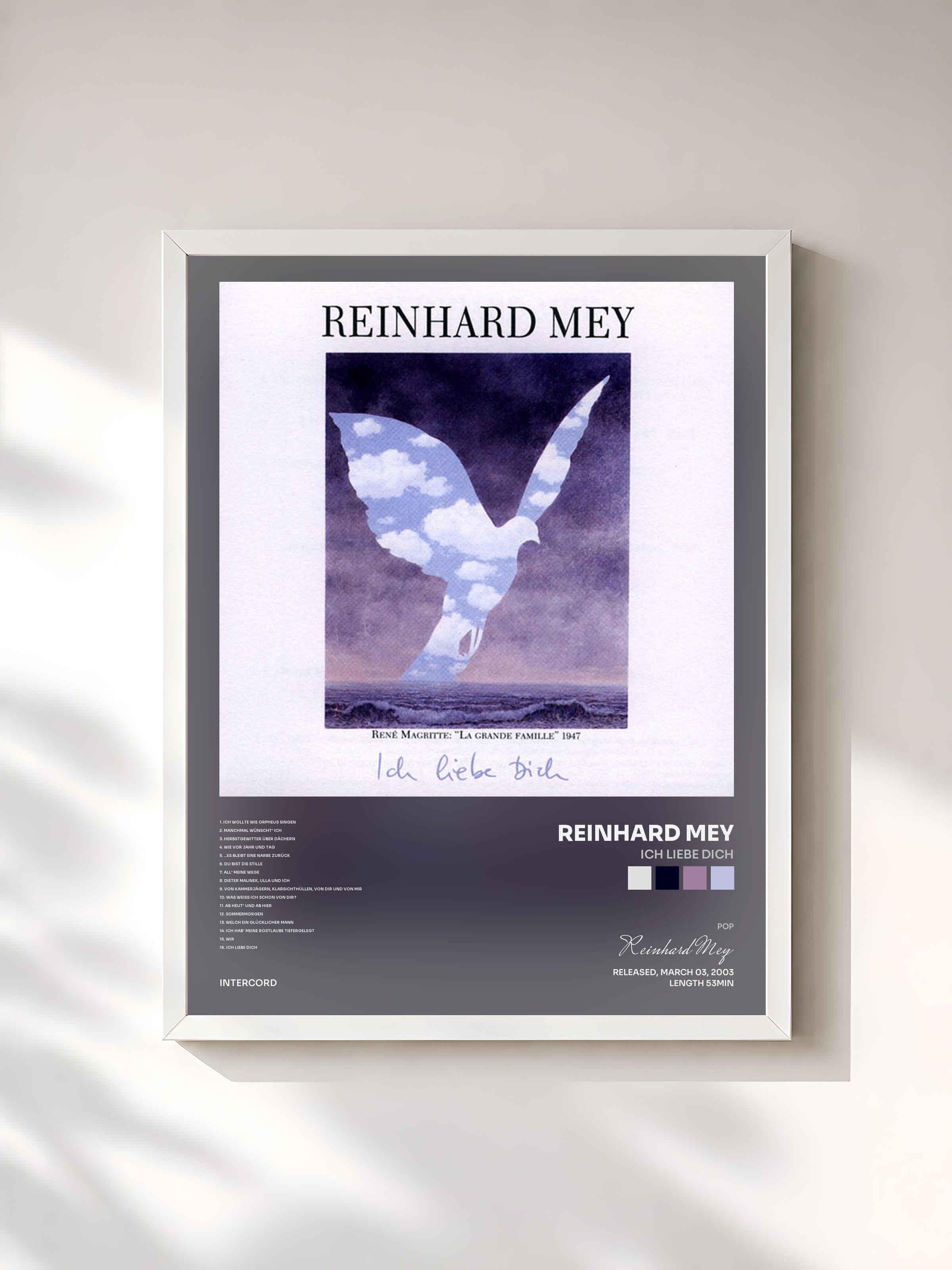 #blanc Tableau de l'album Ich Liebe Dich de Reinhard Mey, cadre blanc, imprimé et encadré en France