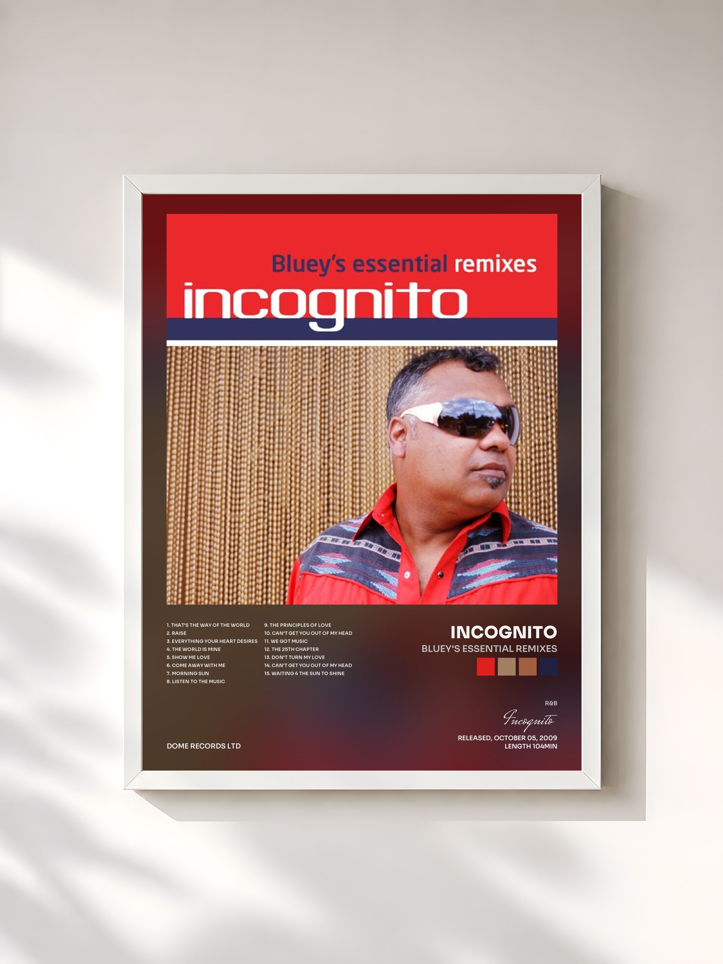 #blanc Tableau de l'album Bluey's Essential Remixes de Incognito, cadre blanc, imprimé et encadré en France