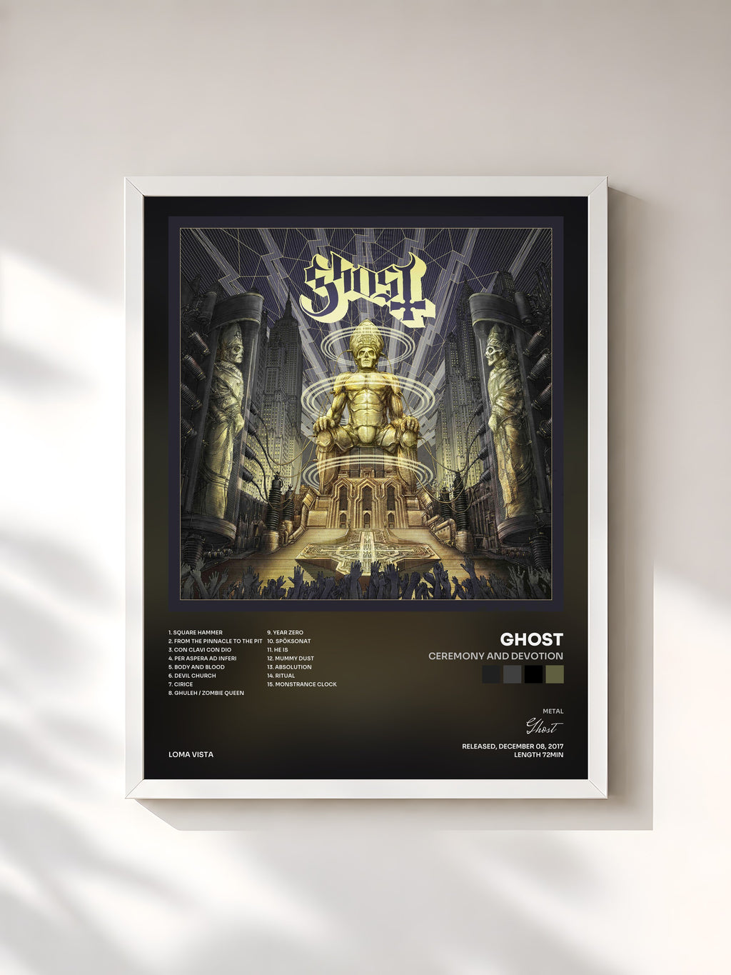 #blanc Tableau de l'album Ceremony And Devotion de Ghost, cadre blanc, imprimé et encadré en France