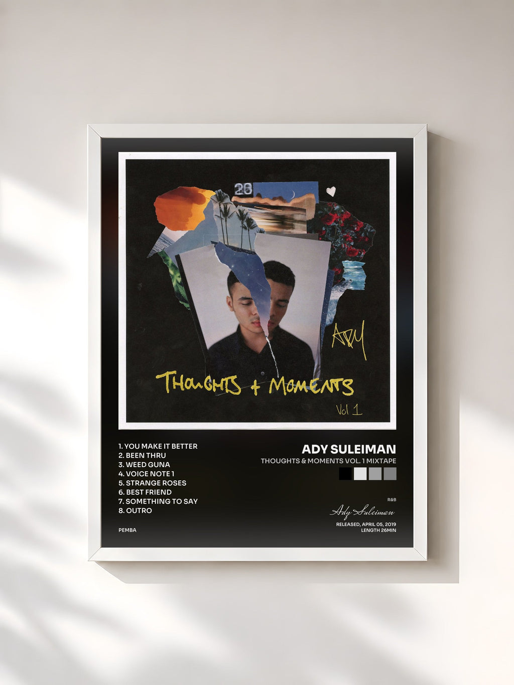 #blanc Thoughts & Moments Vol. 1 Mixtape de Ady Suleiman en lámina enmarcada, marco blanco, impresa y enmarcada en Francia