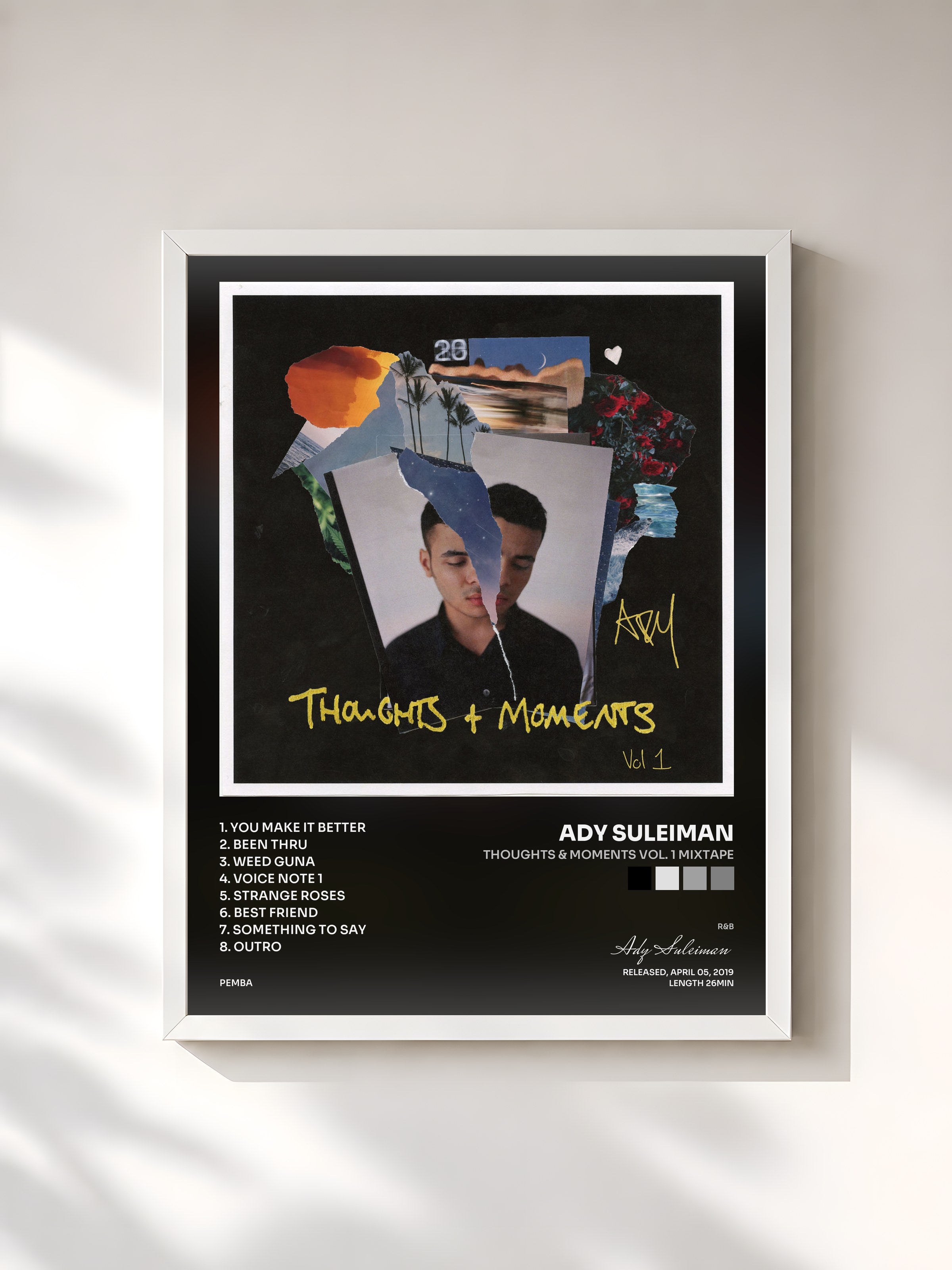 #blanc Tableau de l'album Thoughts & Moments Vol. 1 Mixtape de Ady Suleiman, cadre blanc, imprimé et encadré en France