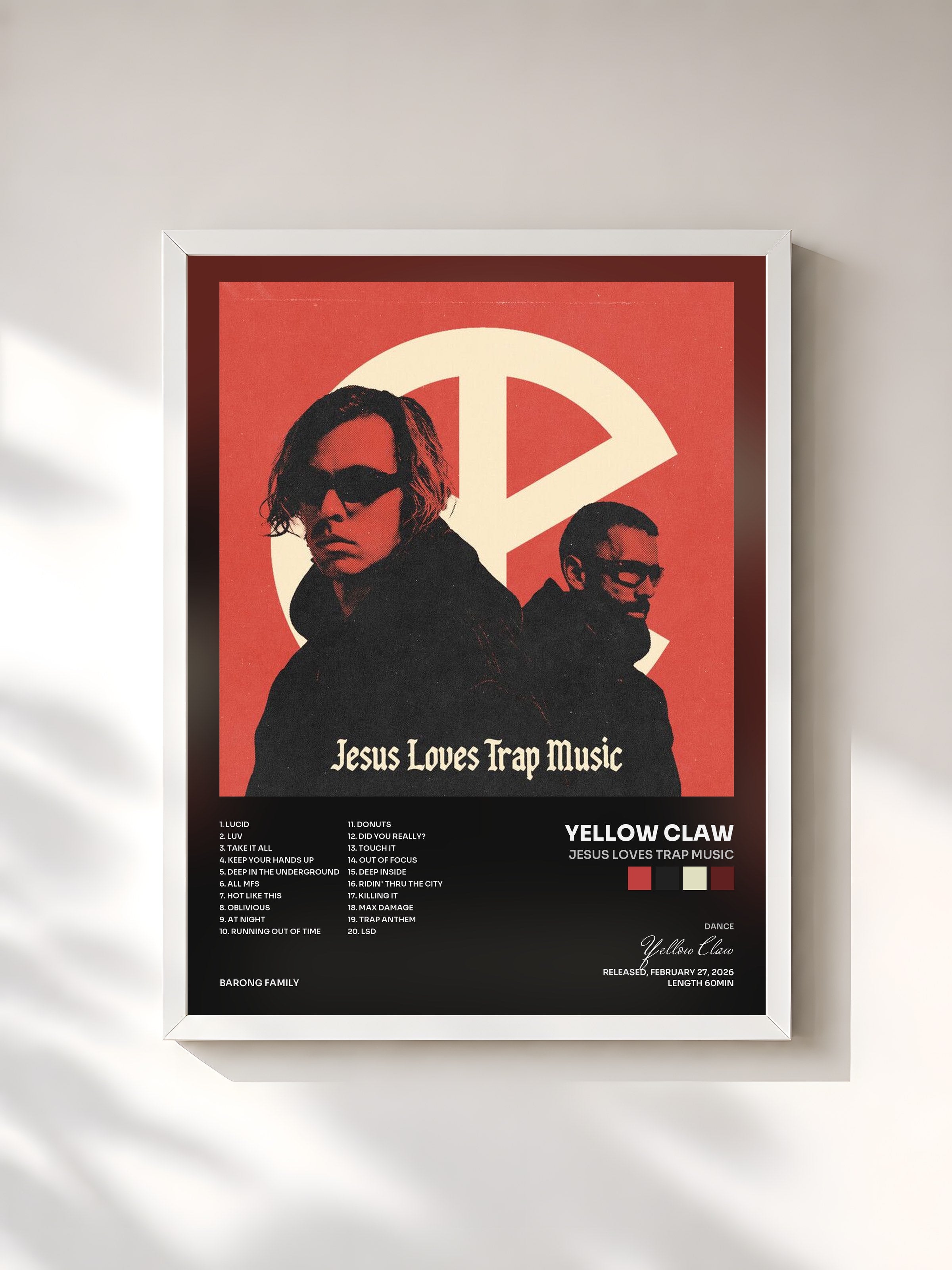 #blanc Tableau de l'album Jesus Loves Trap Music de Yellow Claw, cadre blanc, imprimé et encadré en France