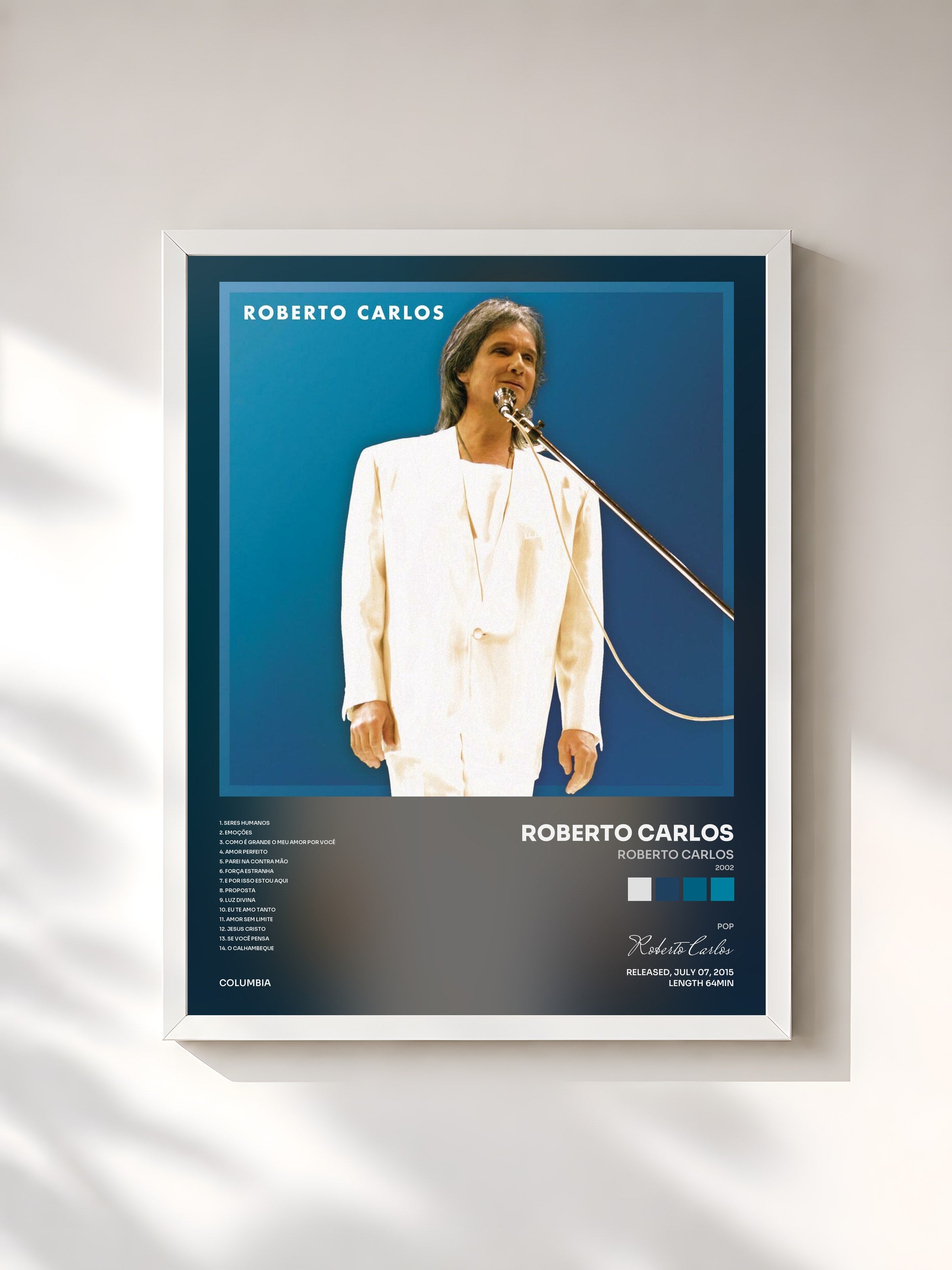 #blanc Tableau de l'album Roberto Carlos (2002) de Roberto Carlos, cadre blanc, imprimé et encadré en France