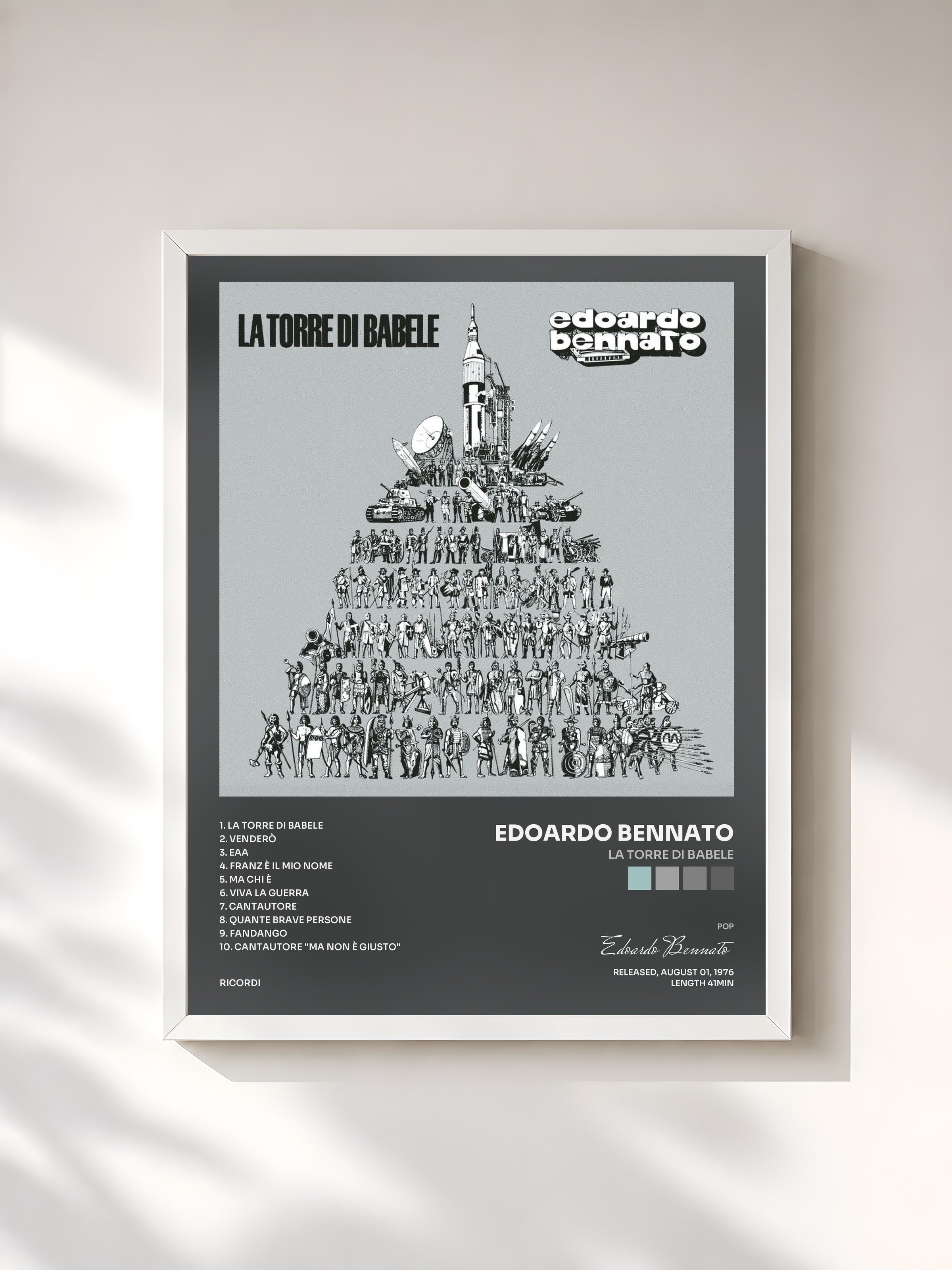 #blanc Tableau de l'album La Torre Di Babele de Edoardo Bennato, cadre blanc, imprimé et encadré en France