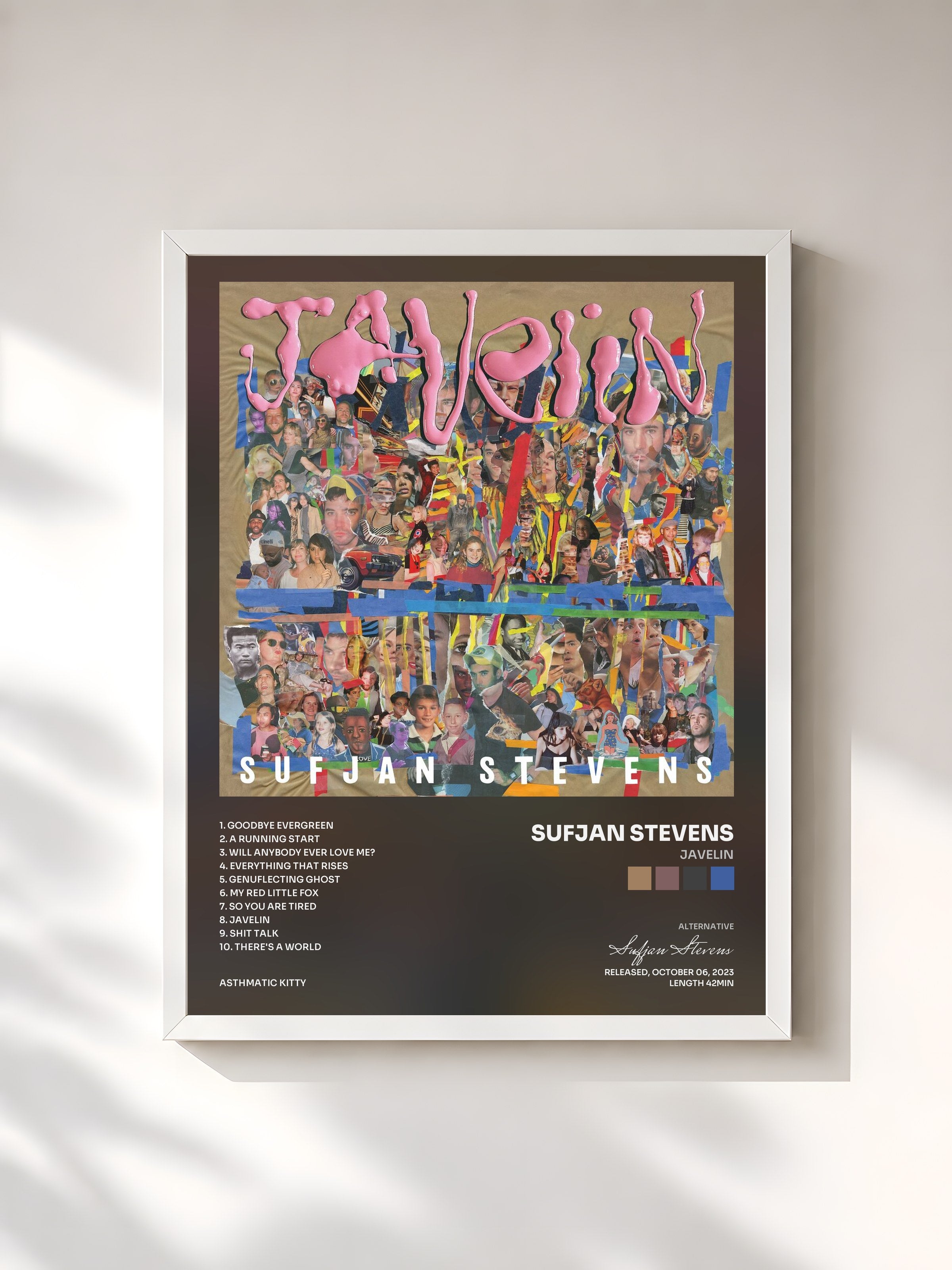 #blanc Tableau de l'album Javelin de Sufjan Stevens, cadre blanc, imprimé et encadré en France