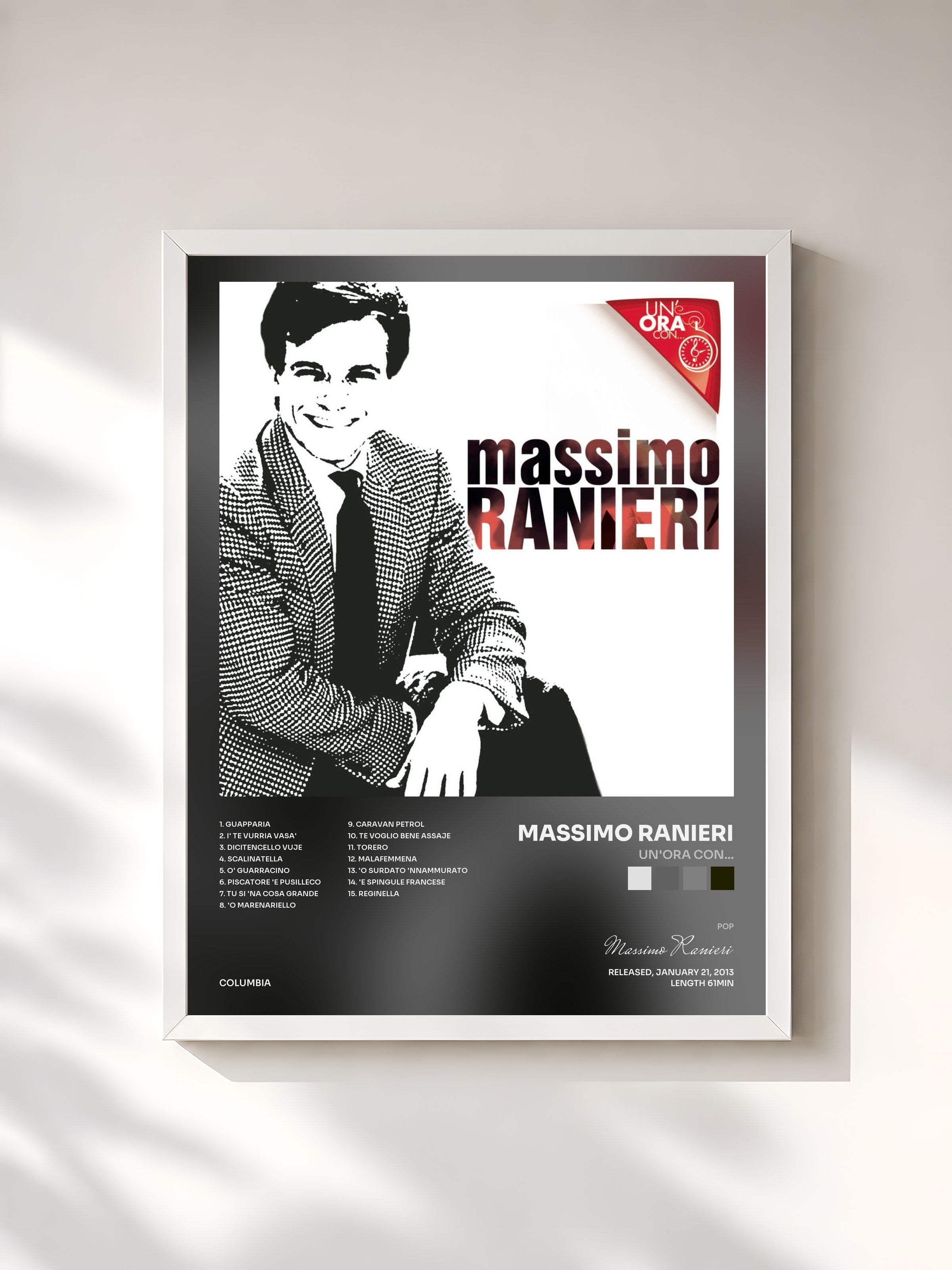 #blanc Tableau de l'album Un'ora con... de Massimo Ranieri, cadre blanc, imprimé et encadré en France