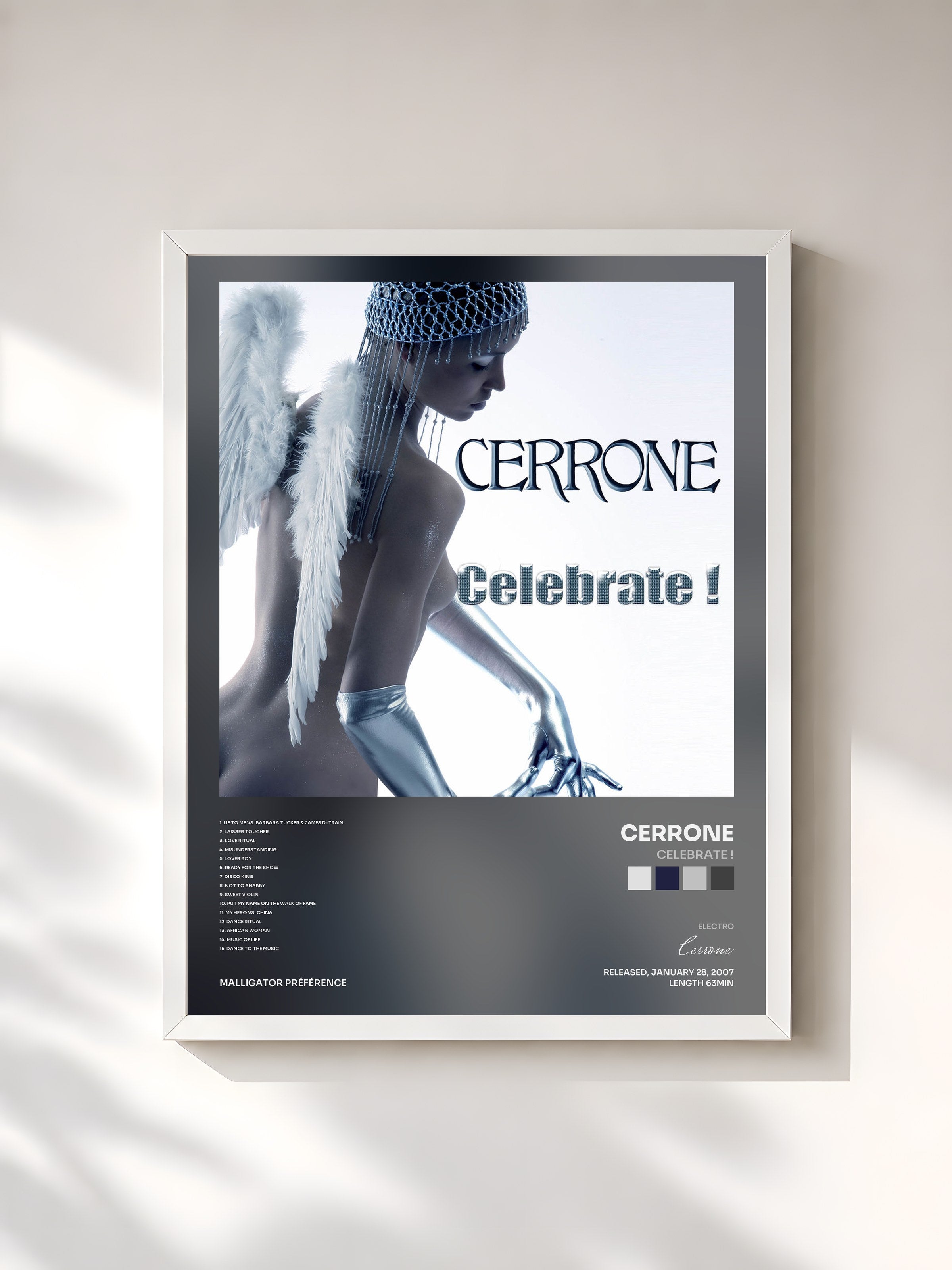 #blanc Tableau de l'album Celebrate ! de Cerrone, cadre blanc, imprimé et encadré en France