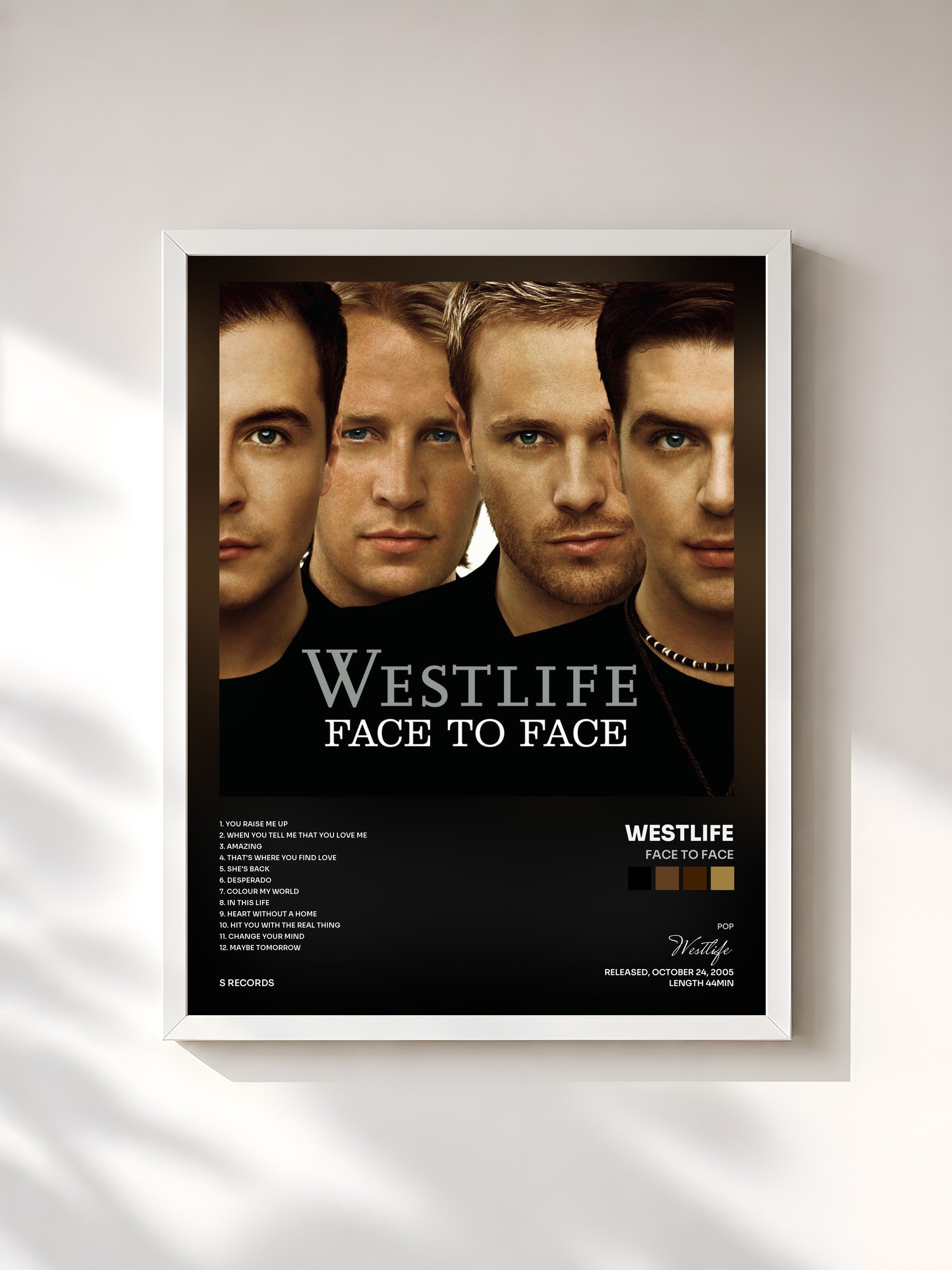 #blanc Tableau de l'album Face To Face de Westlife, cadre blanc, imprimé et encadré en France