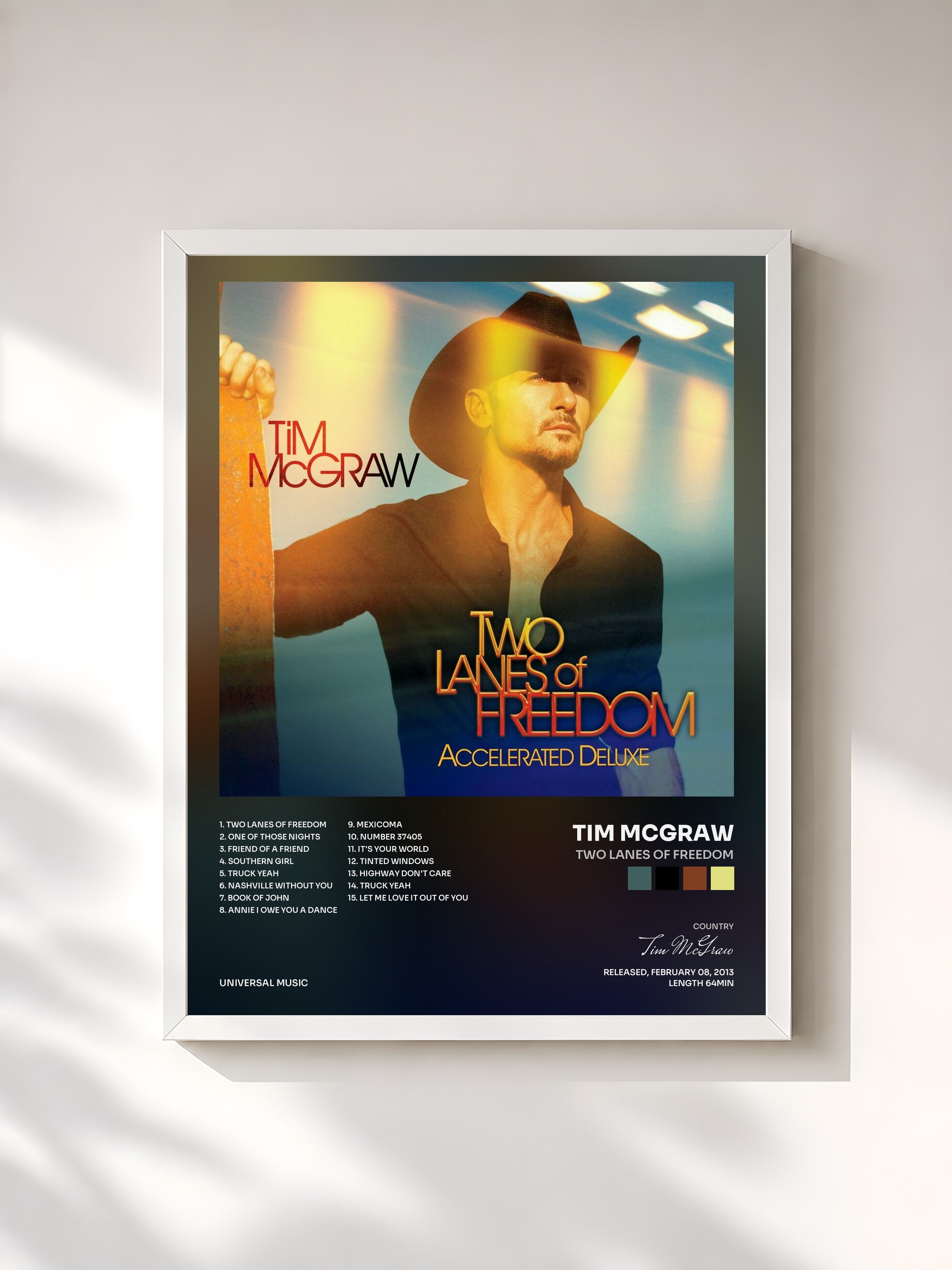 #blanc Tableau de l'album Two Lanes Of Freedom de Tim McGraw, cadre blanc, imprimé et encadré en France