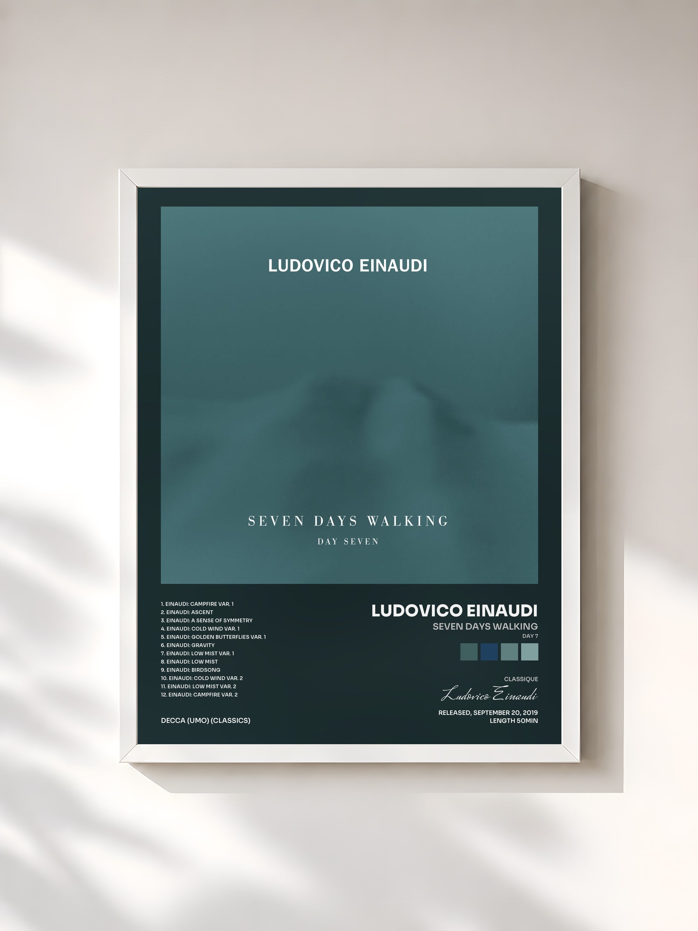 #blanc Tableau de l'album Seven Days Walking (Day 7) de Ludovico Einaudi, cadre blanc, imprimé et encadré en France