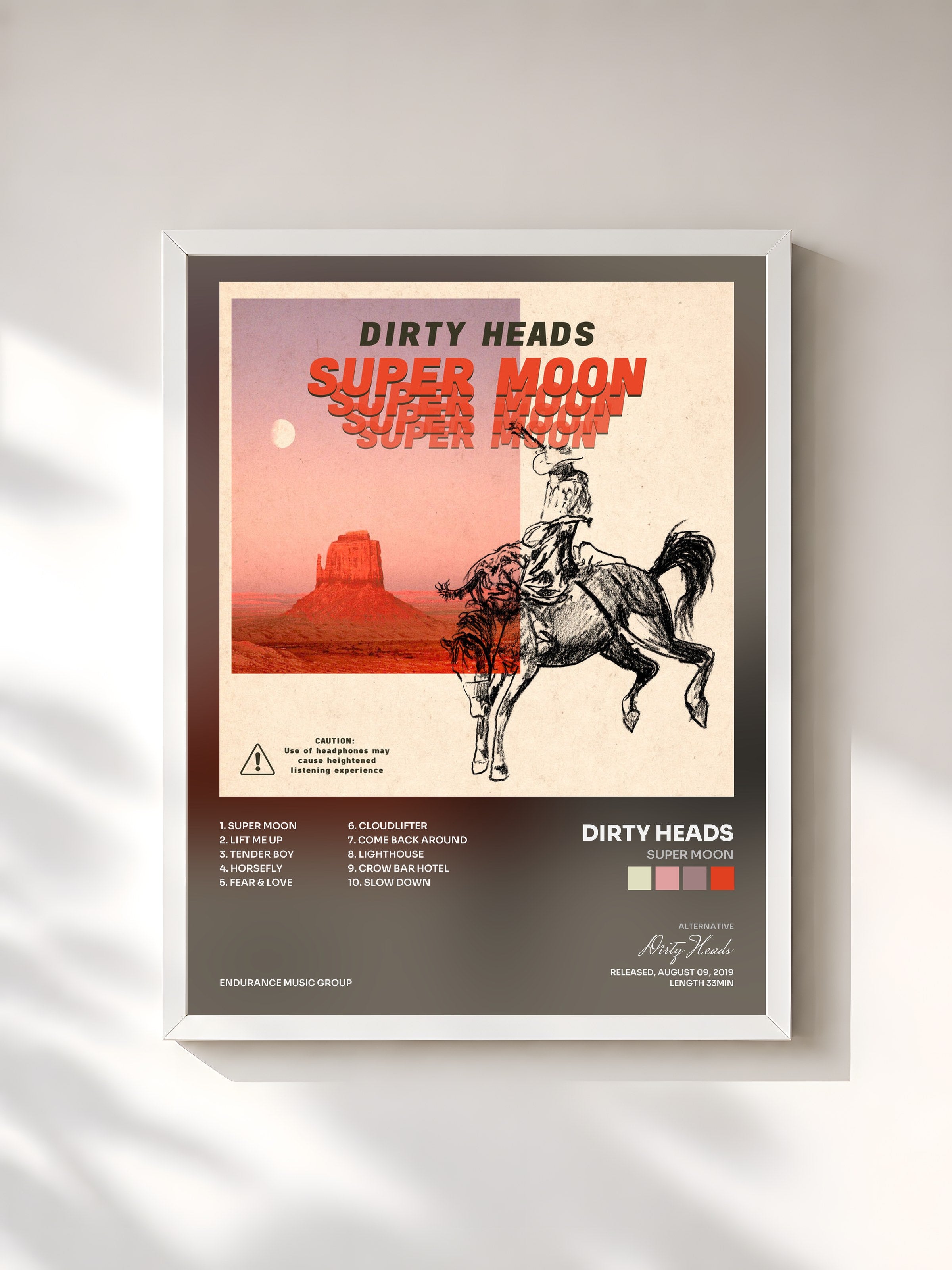 #blanc Tableau de l'album Super Moon de Dirty Heads, cadre blanc, imprimé et encadré en France