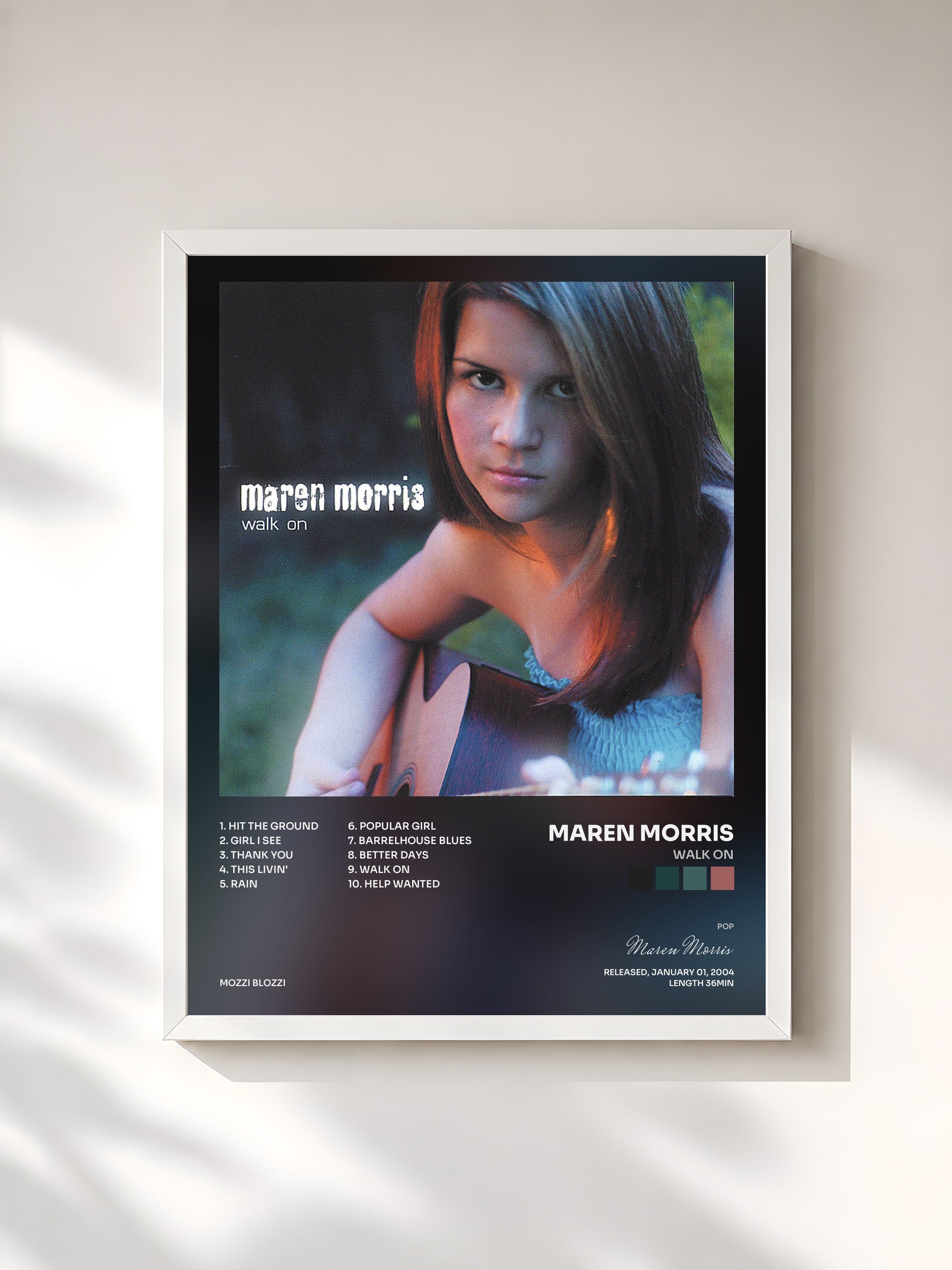 #blanc Tableau de l'album Walk On de Maren Morris, cadre blanc, imprimé et encadré en France