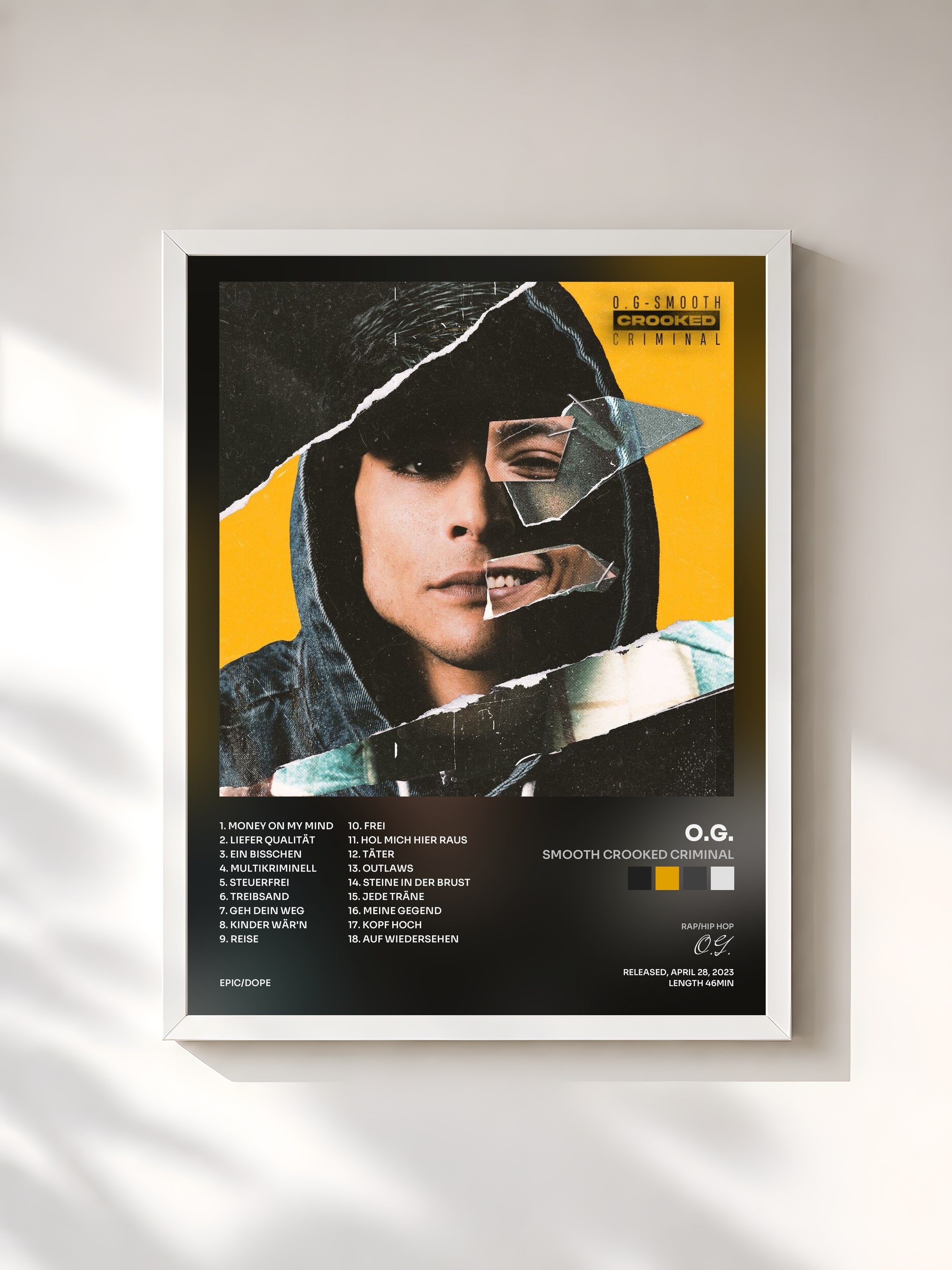 #blanc Tableau de l'album Smooth Crooked Criminal de O.G., cadre blanc, imprimé et encadré en France