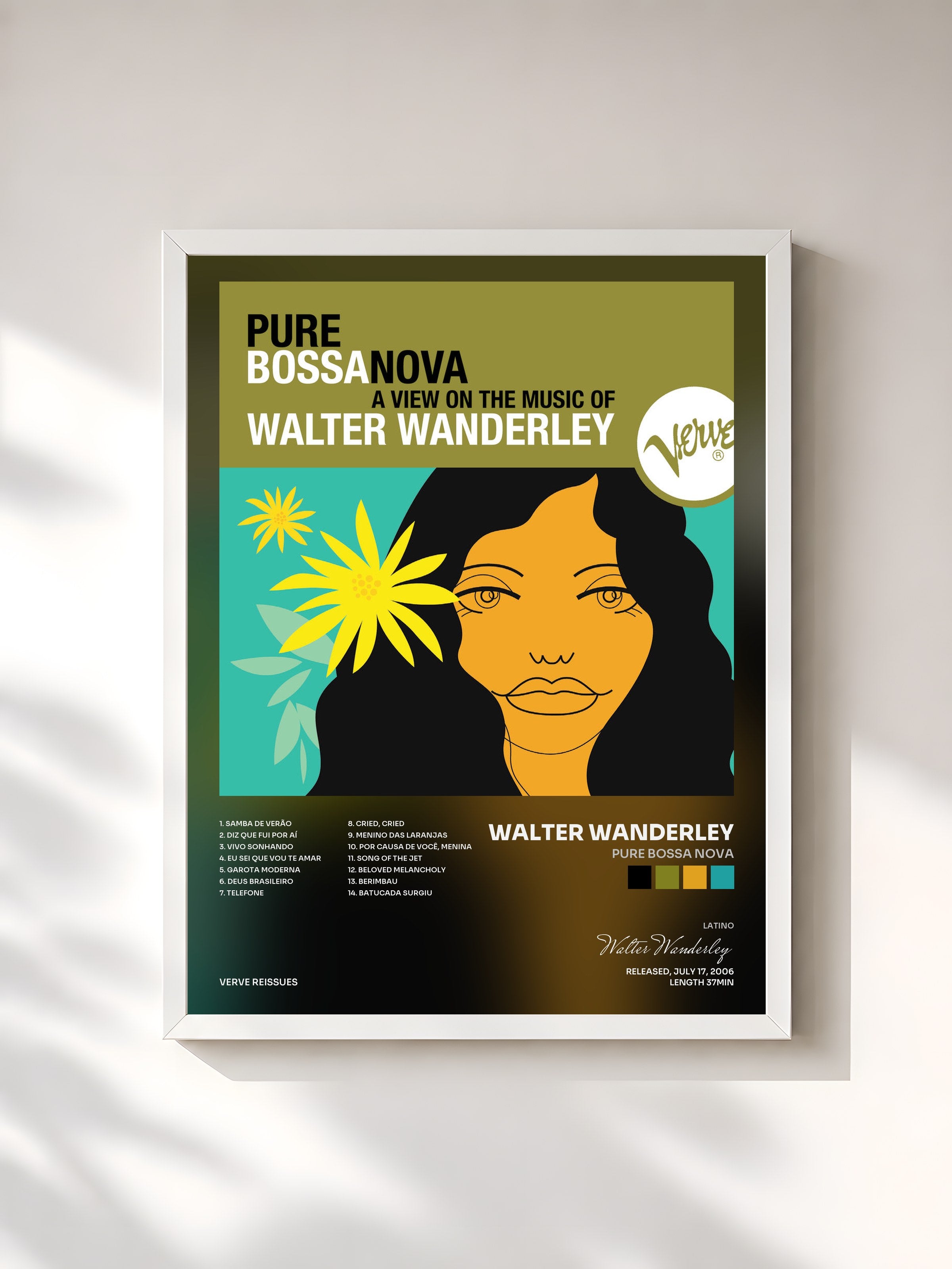 #blanc Tableau de l'album Pure Bossa Nova de Walter Wanderley, cadre blanc, imprimé et encadré en France
