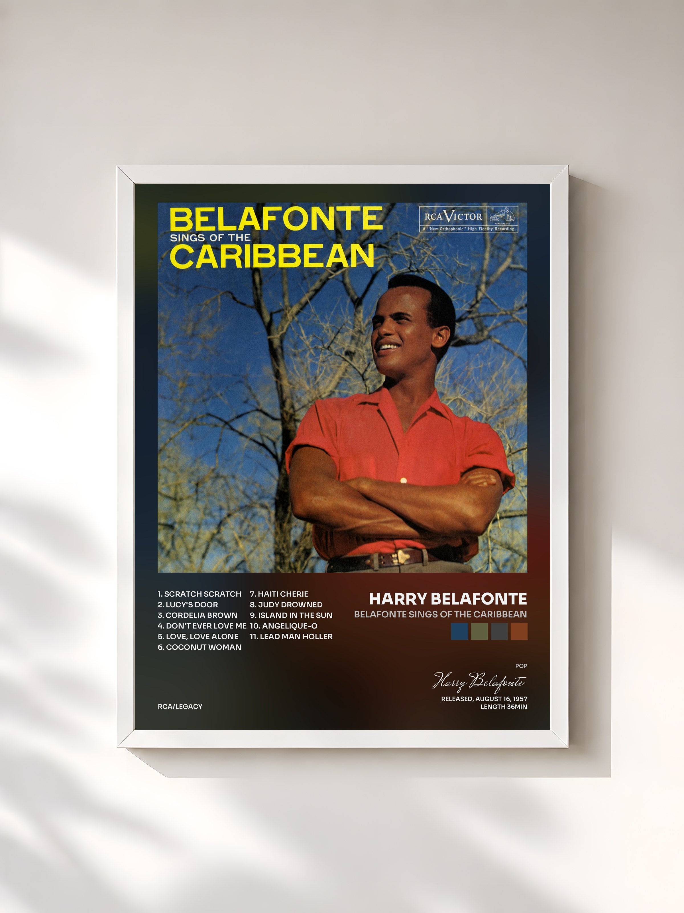 #blanc Tableau de l'album Belafonte Sings of The Caribbean de Harry Belafonte, cadre blanc, imprimé et encadré en France