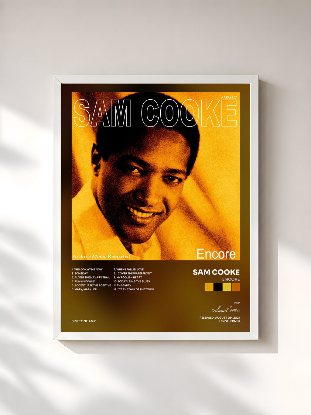 #blanc Encore by Sam Cooke as a framed art print, white frame, printed and framed in France