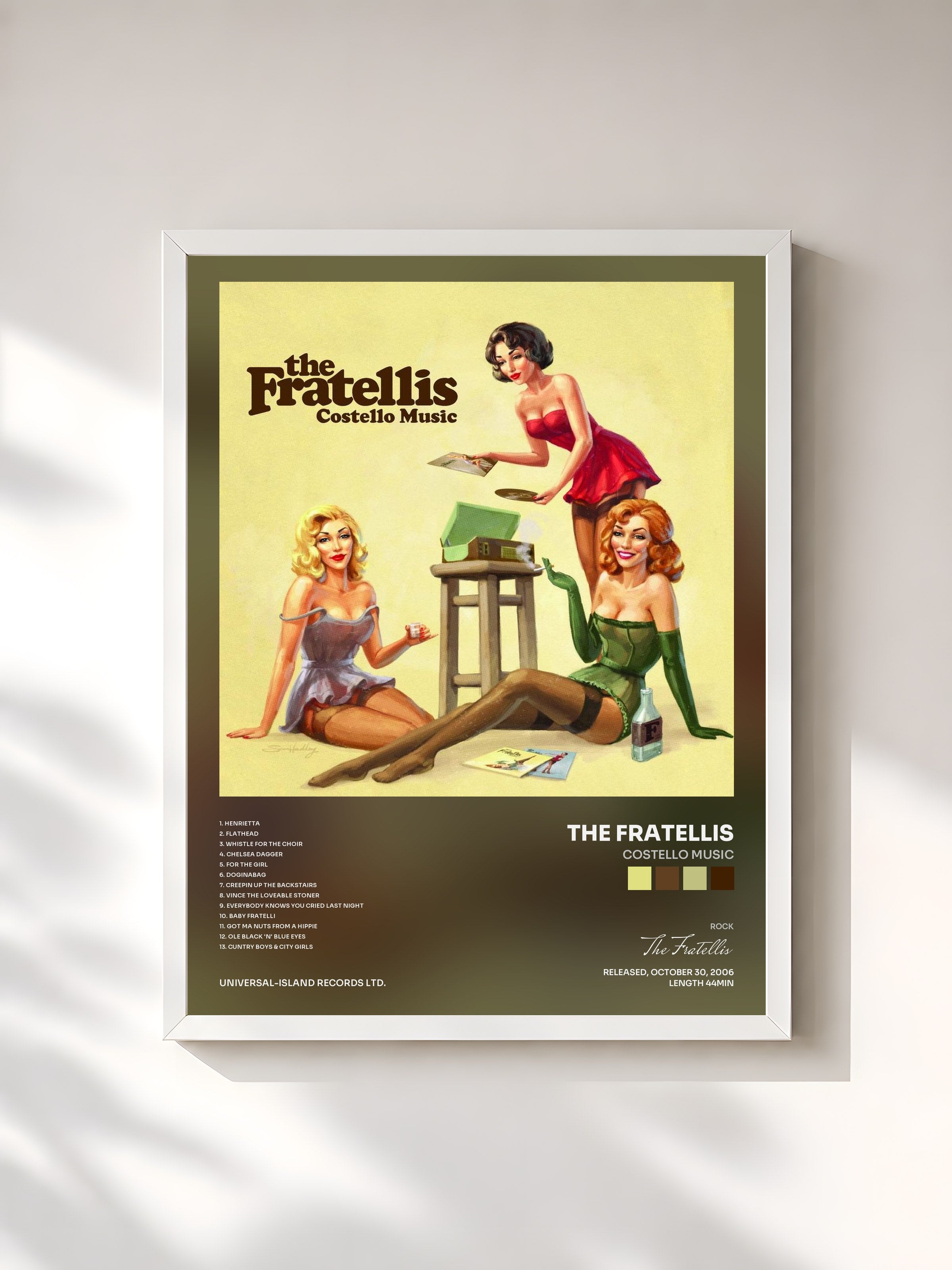 #blanc Tableau de l'album Costello Music de The Fratellis, cadre blanc, imprimé et encadré en France