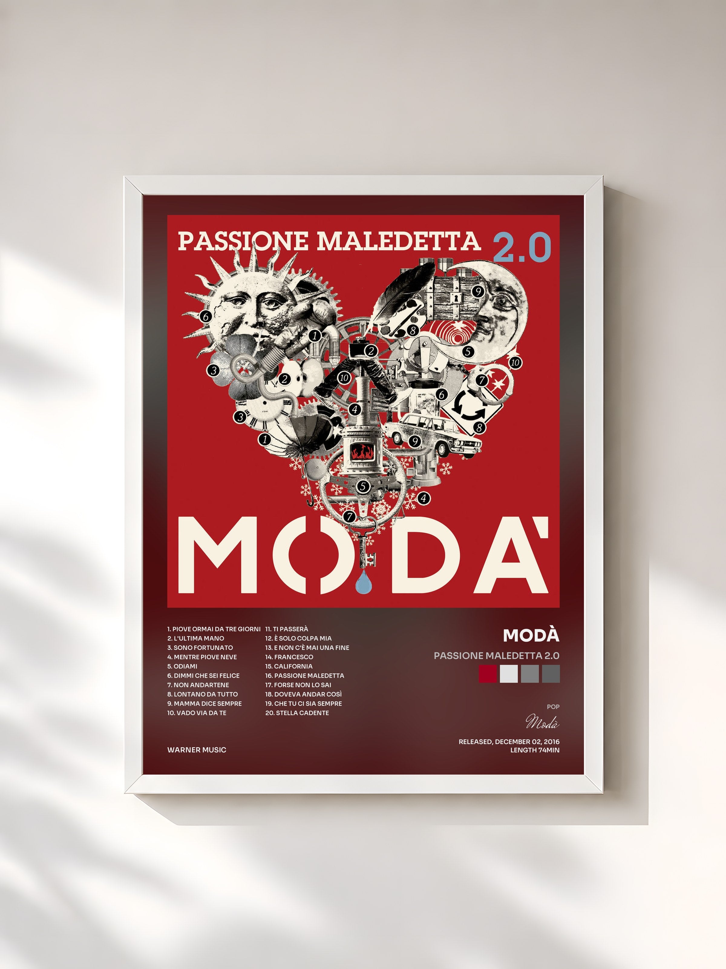 #blanc Tableau de l'album Passione maledetta 2.0 de Modà, cadre blanc, imprimé et encadré en France