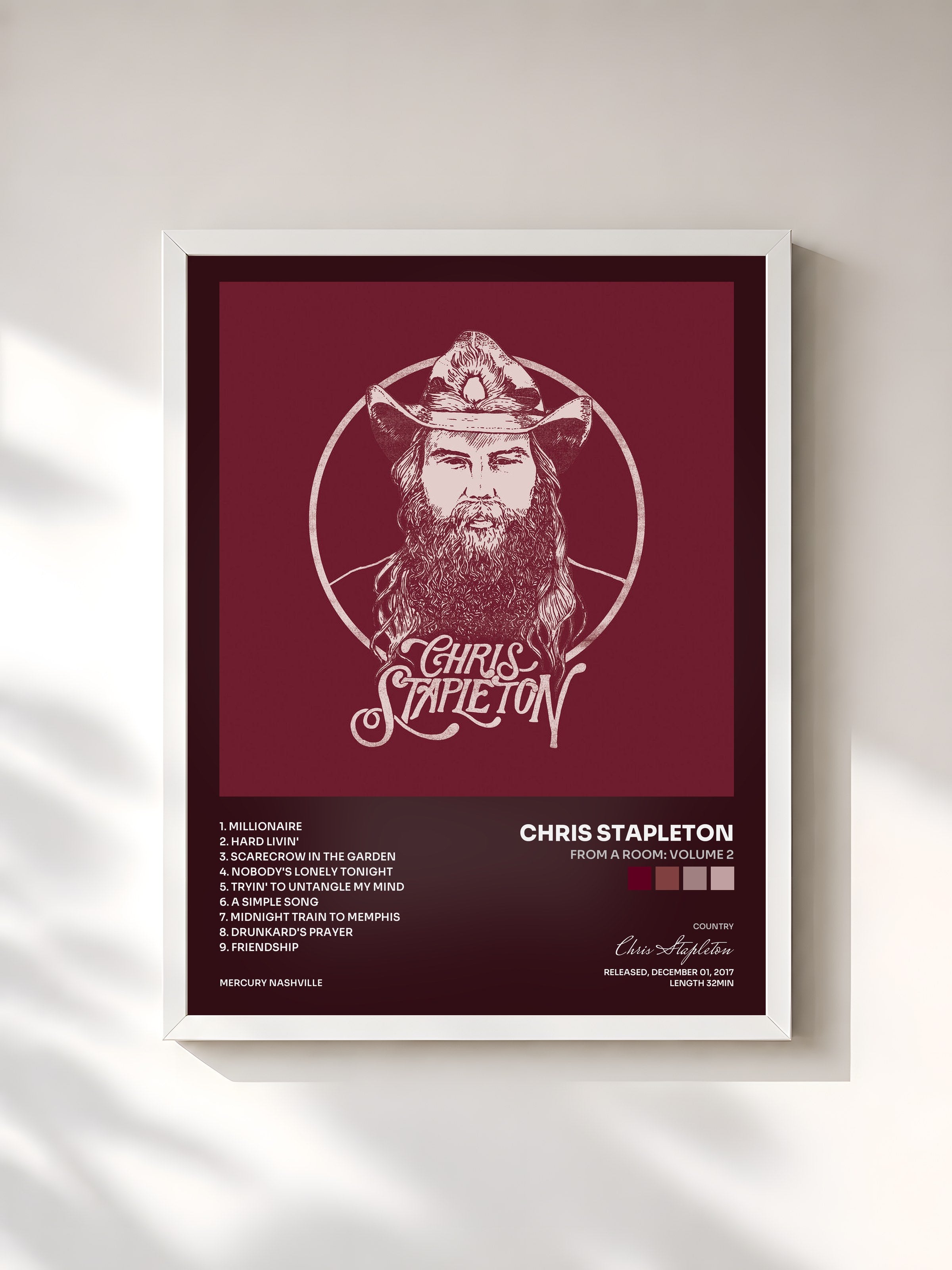 #blanc Tableau de l'album From A Room: Volume 2 de Chris Stapleton, cadre blanc, imprimé et encadré en France