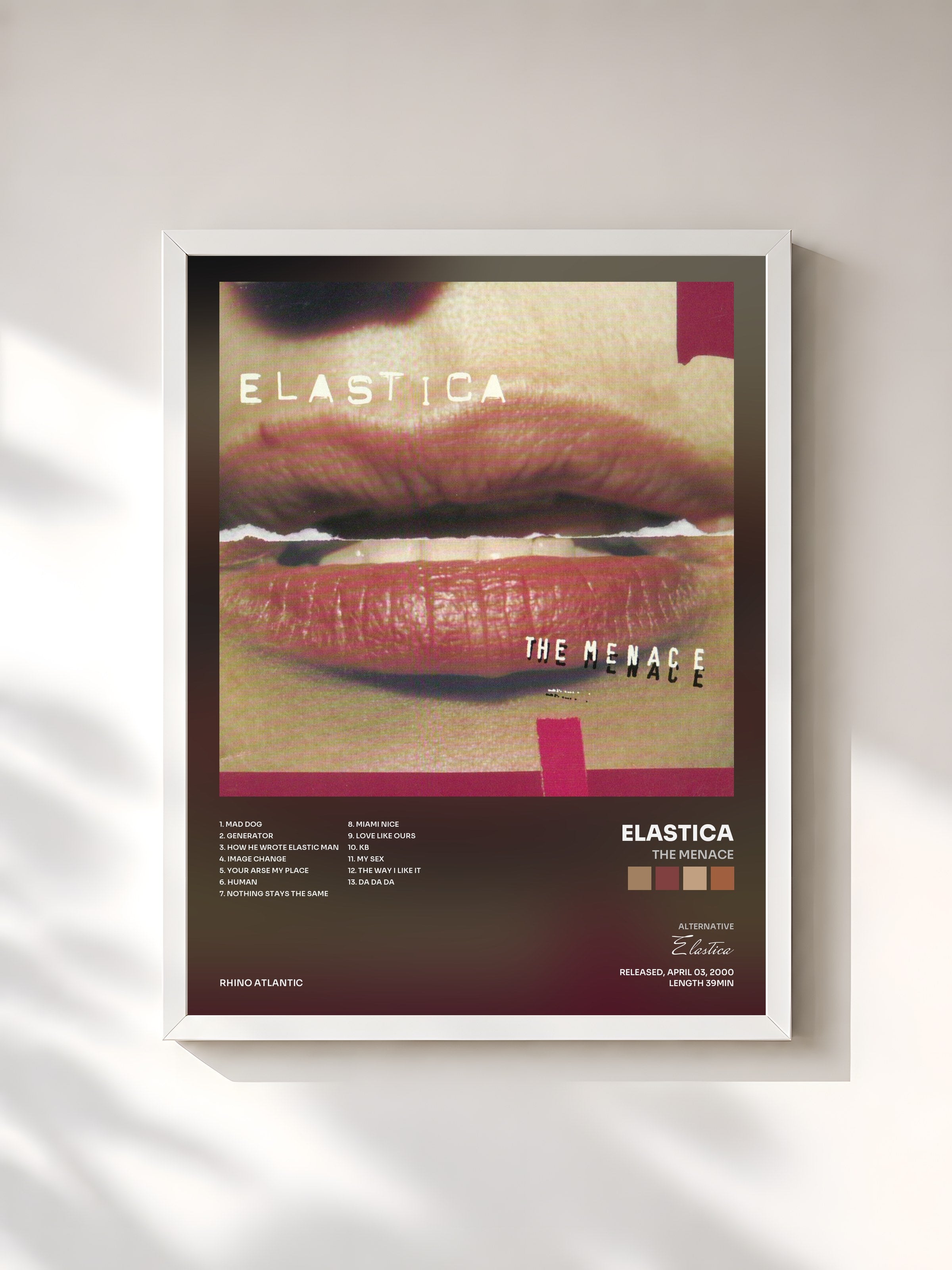 #blanc Tableau de l'album The Menace de Elastica, cadre blanc, imprimé et encadré en France