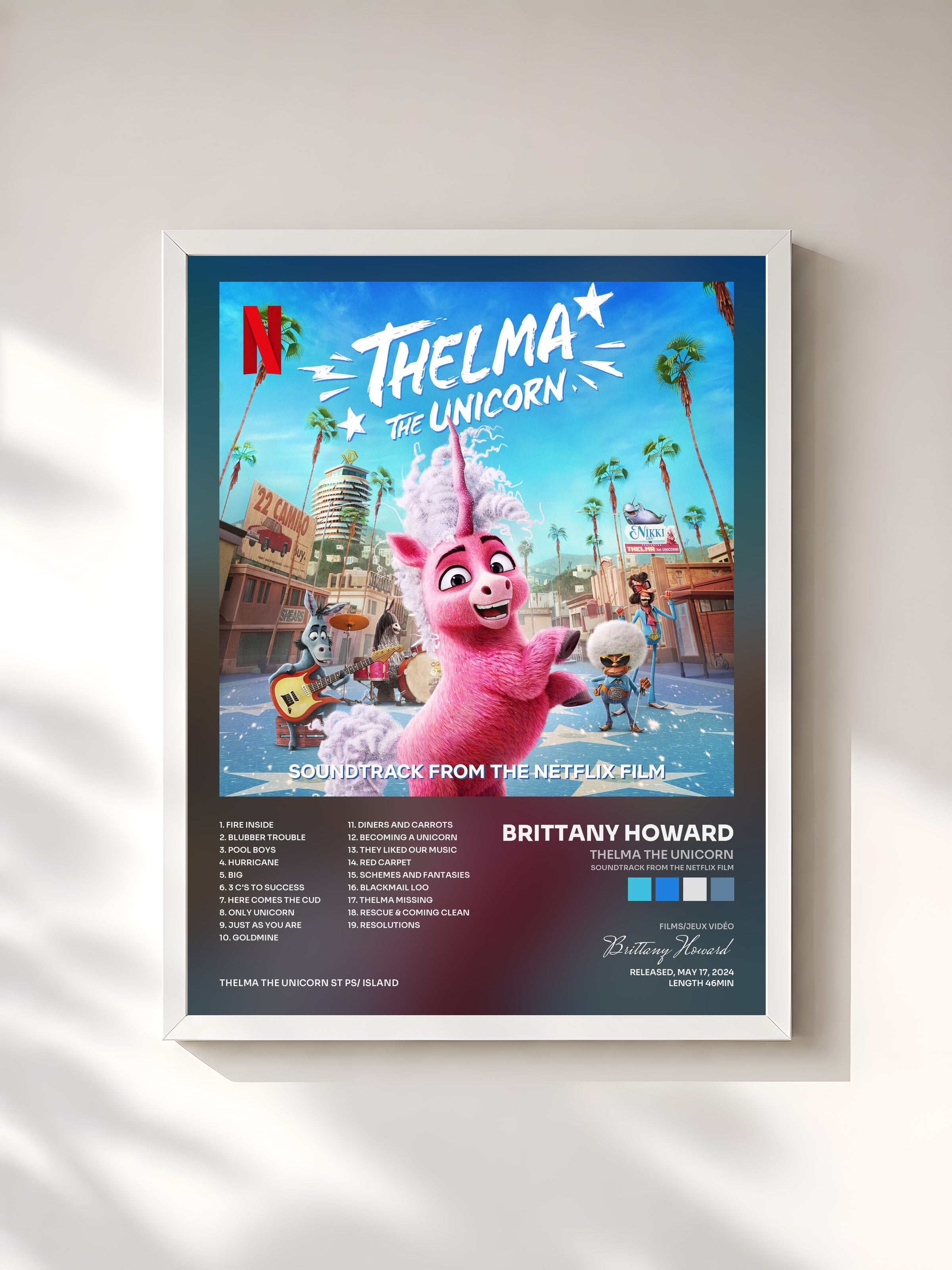 #blanc Tableau de l'album Thelma The Unicorn (Soundtrack from the Netflix Film) de Brittany Howard, cadre blanc, imprimé et encadré en France