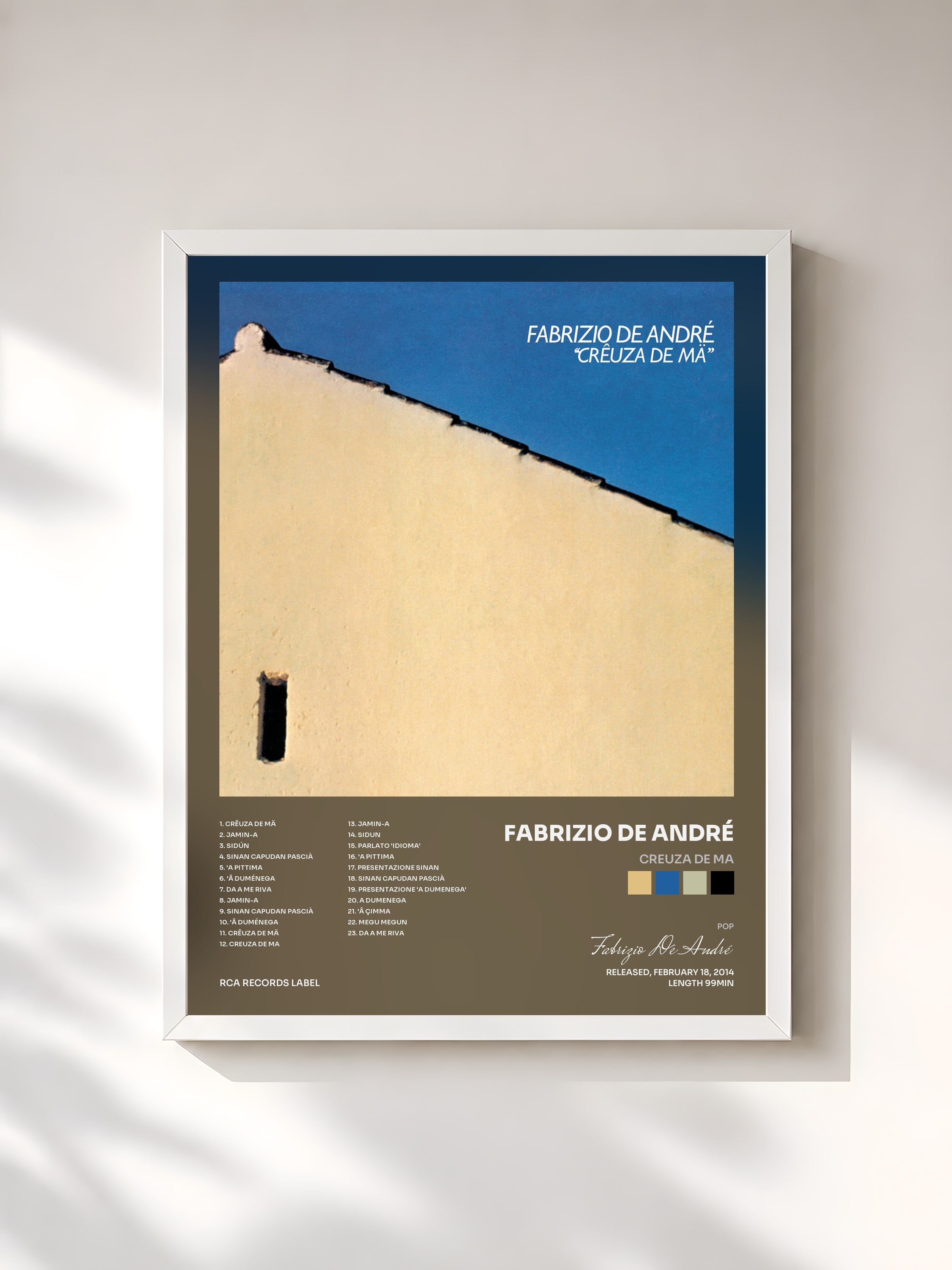 #blanc Tableau de l'album Creuza de ma de Fabrizio De André, cadre blanc, imprimé et encadré en France