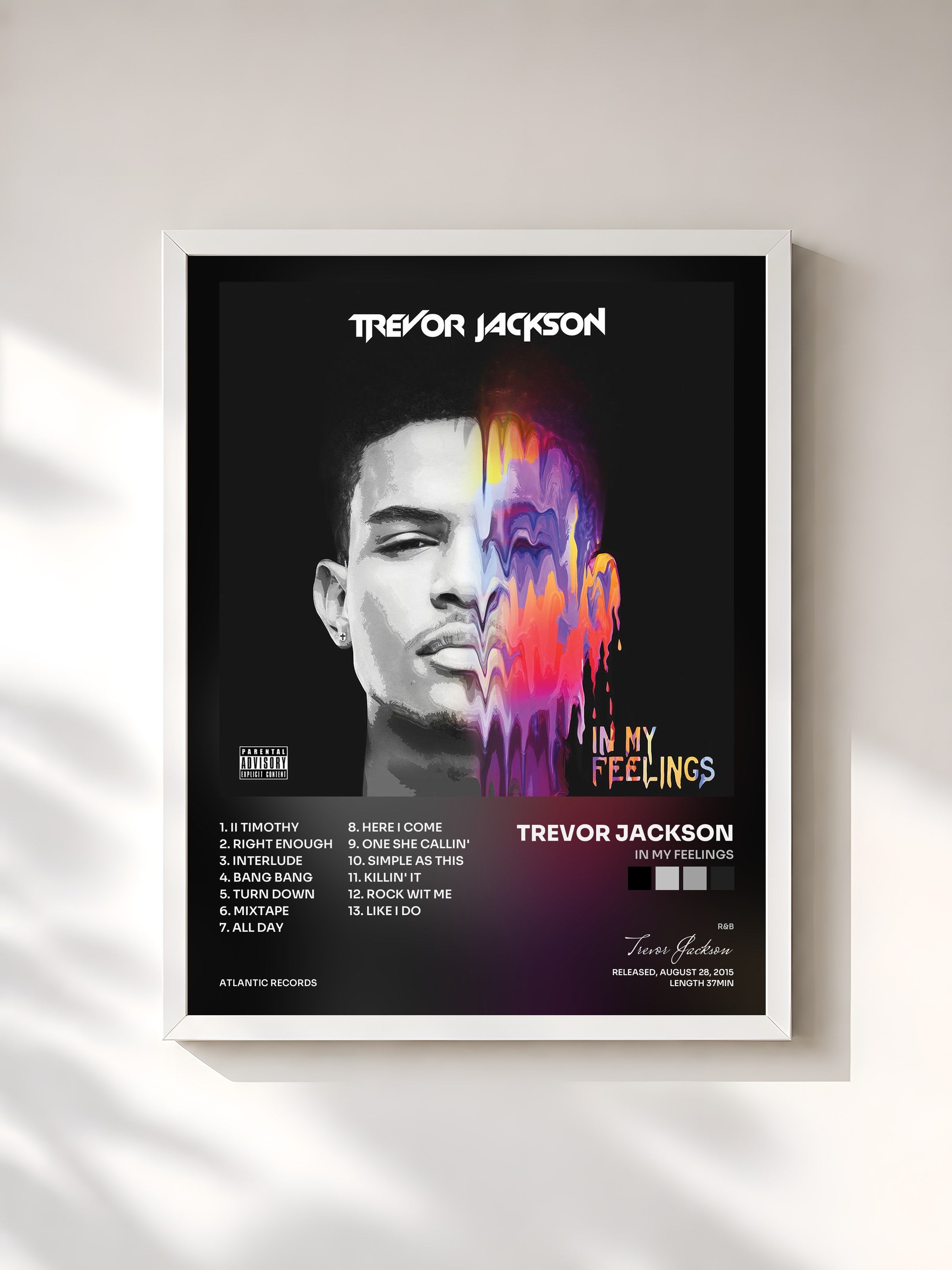 #blanc Tableau de l'album In My Feelings de Trevor Jackson, cadre blanc, imprimé et encadré en France