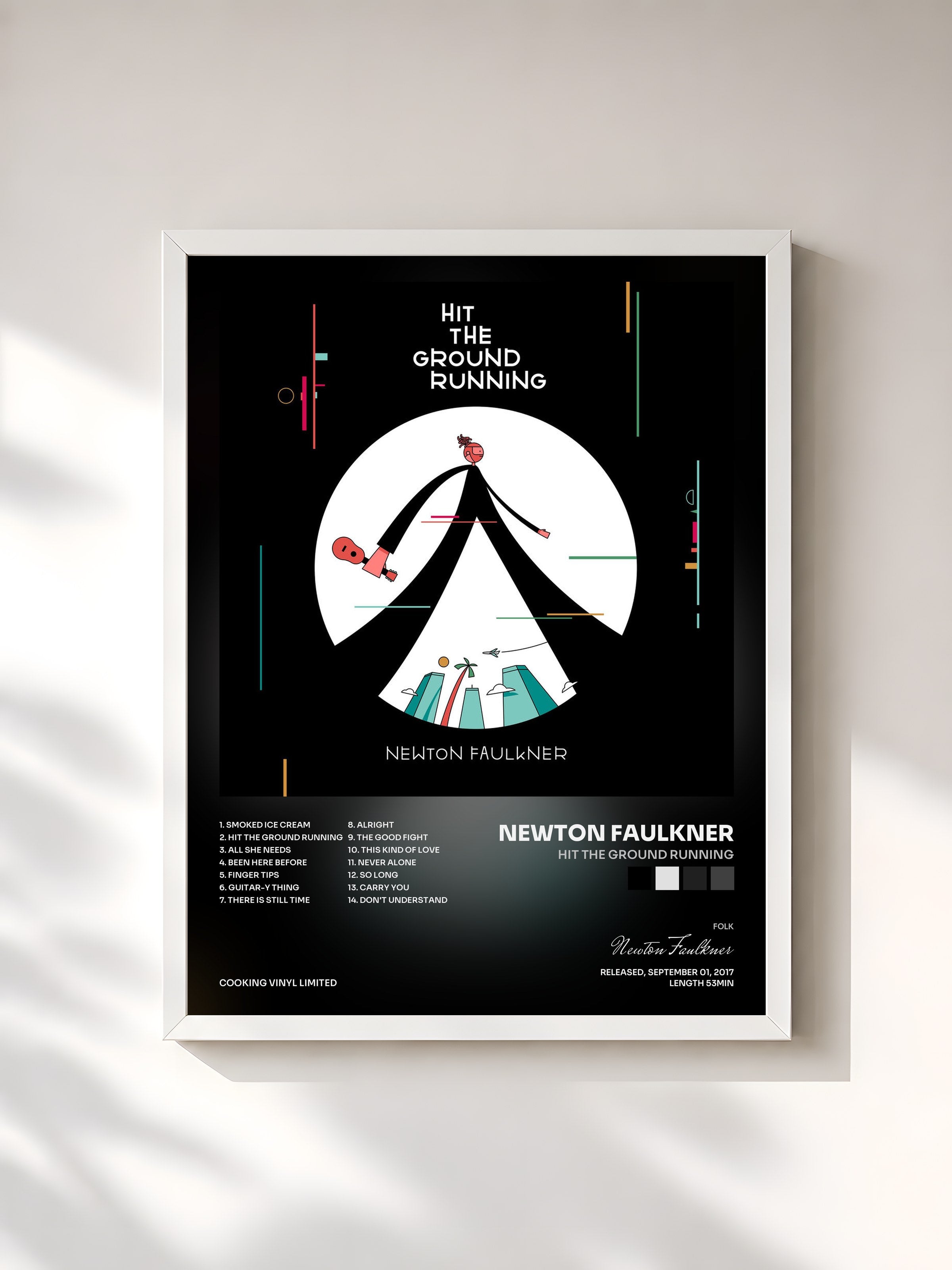 #blanc Tableau de l'album Hit the Ground Running de Newton Faulkner, cadre blanc, imprimé et encadré en France