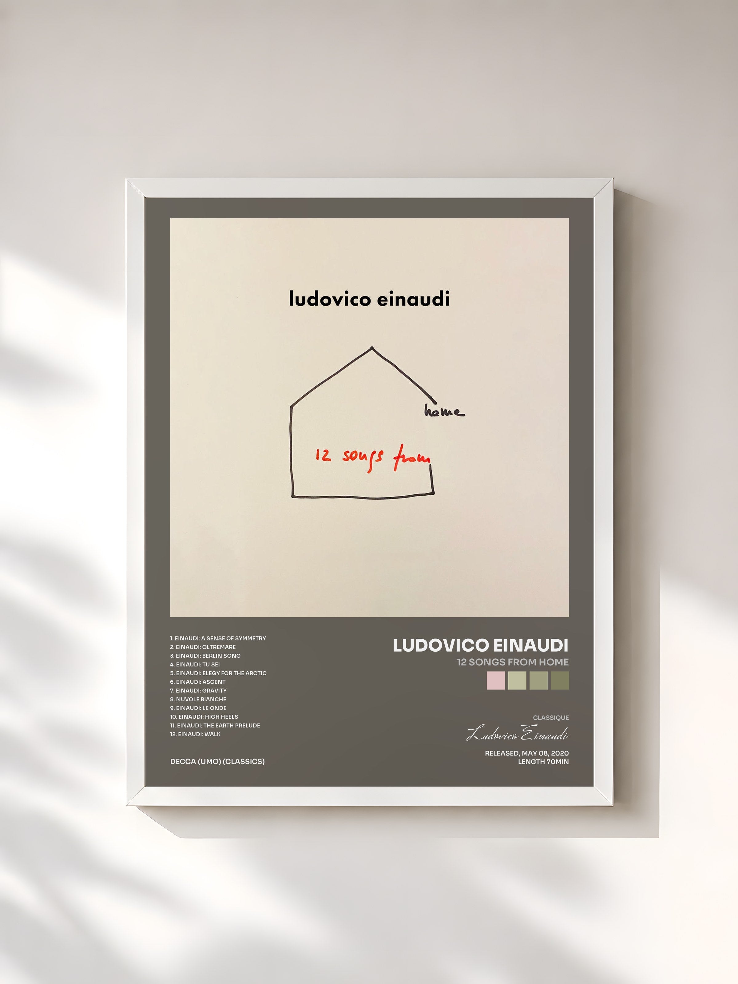 #blanc Tableau de l'album 12 Songs From Home de Ludovico Einaudi, cadre blanc, imprimé et encadré en France
