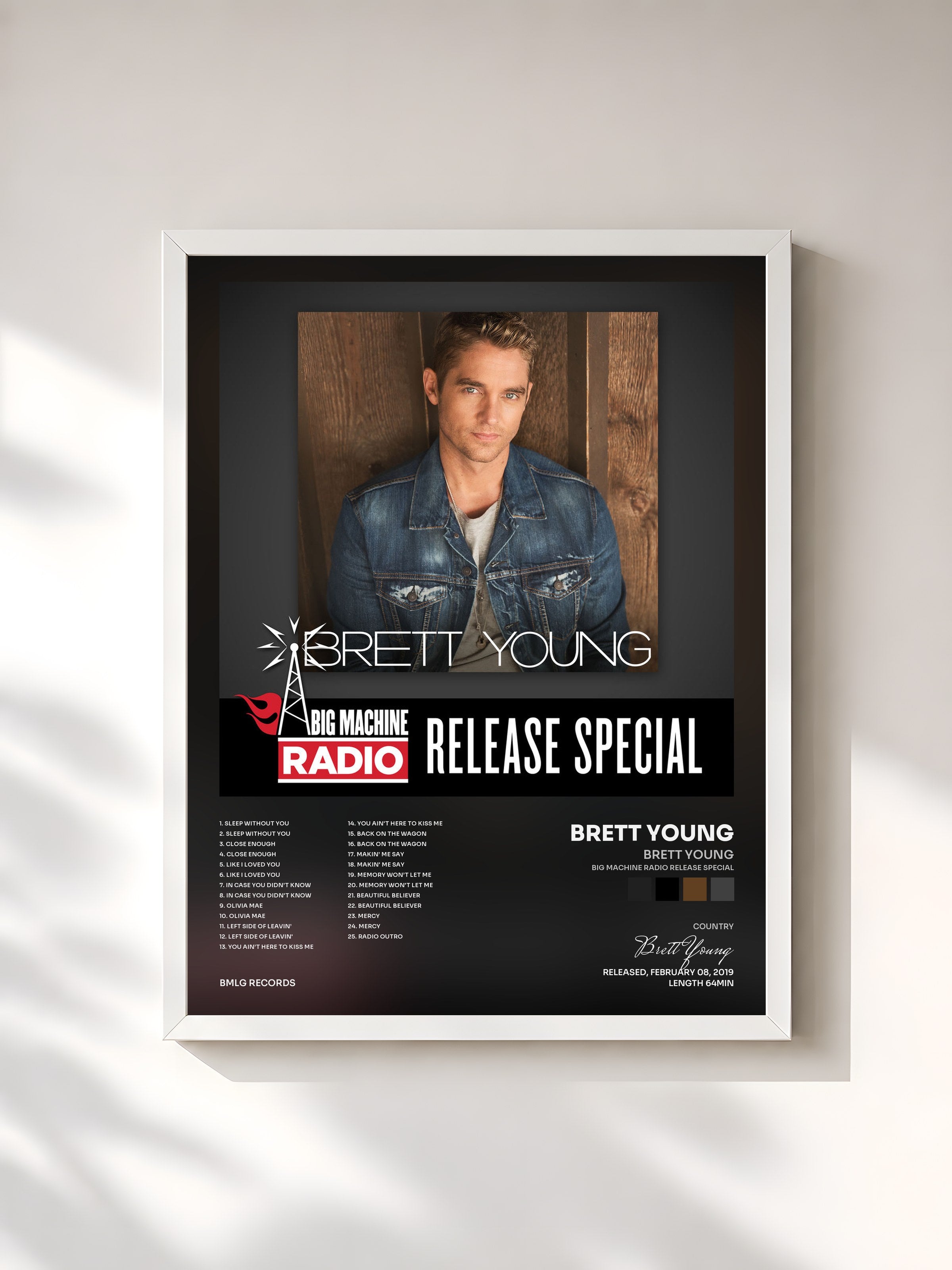 #blanc Tableau de l'album Brett Young (Big Machine Radio Release Special) de Brett Young, cadre blanc, imprimé et encadré en France