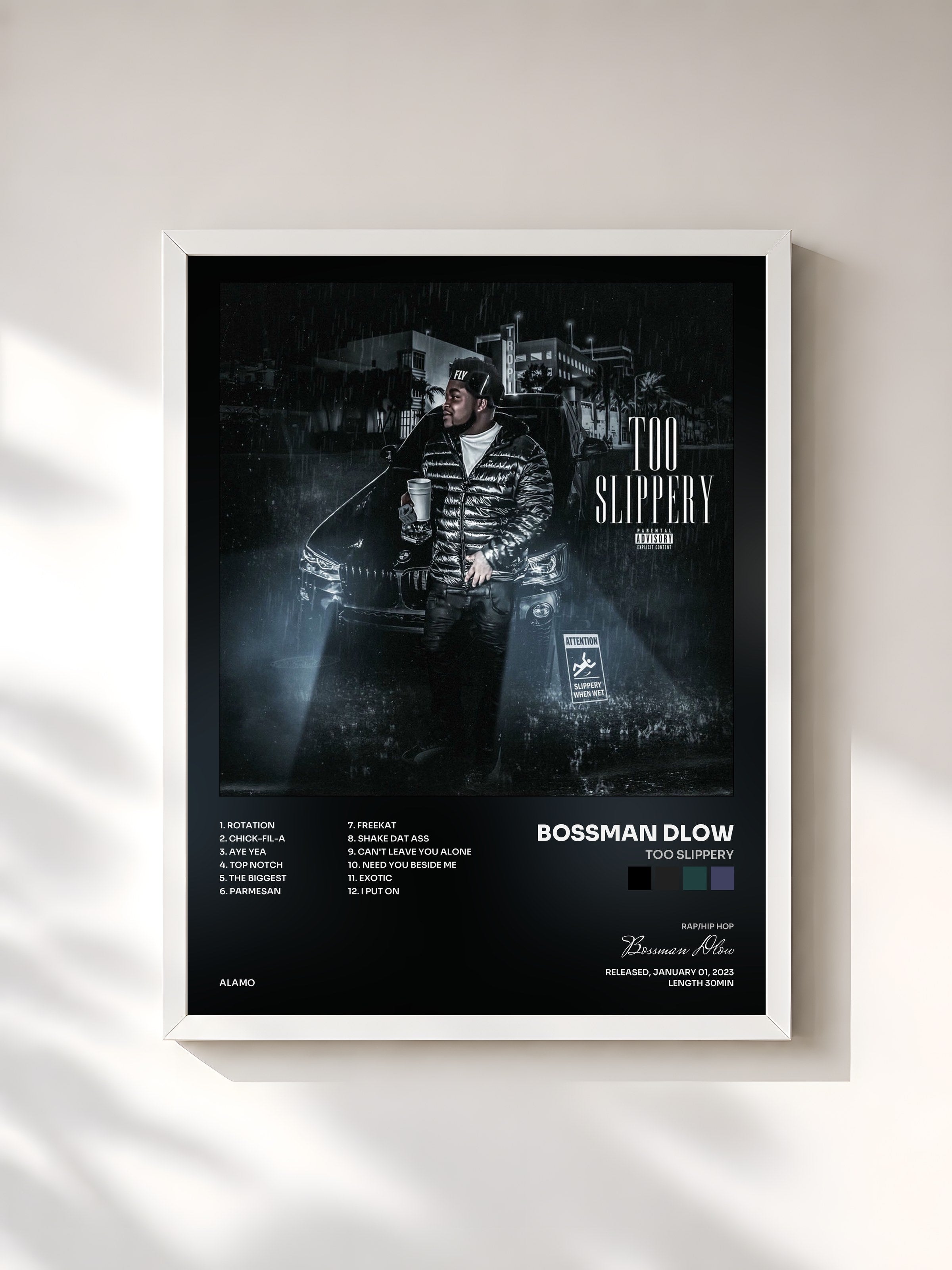 #blanc Tableau de l'album Too Slippery de Bossman Dlow, cadre blanc, imprimé et encadré en France