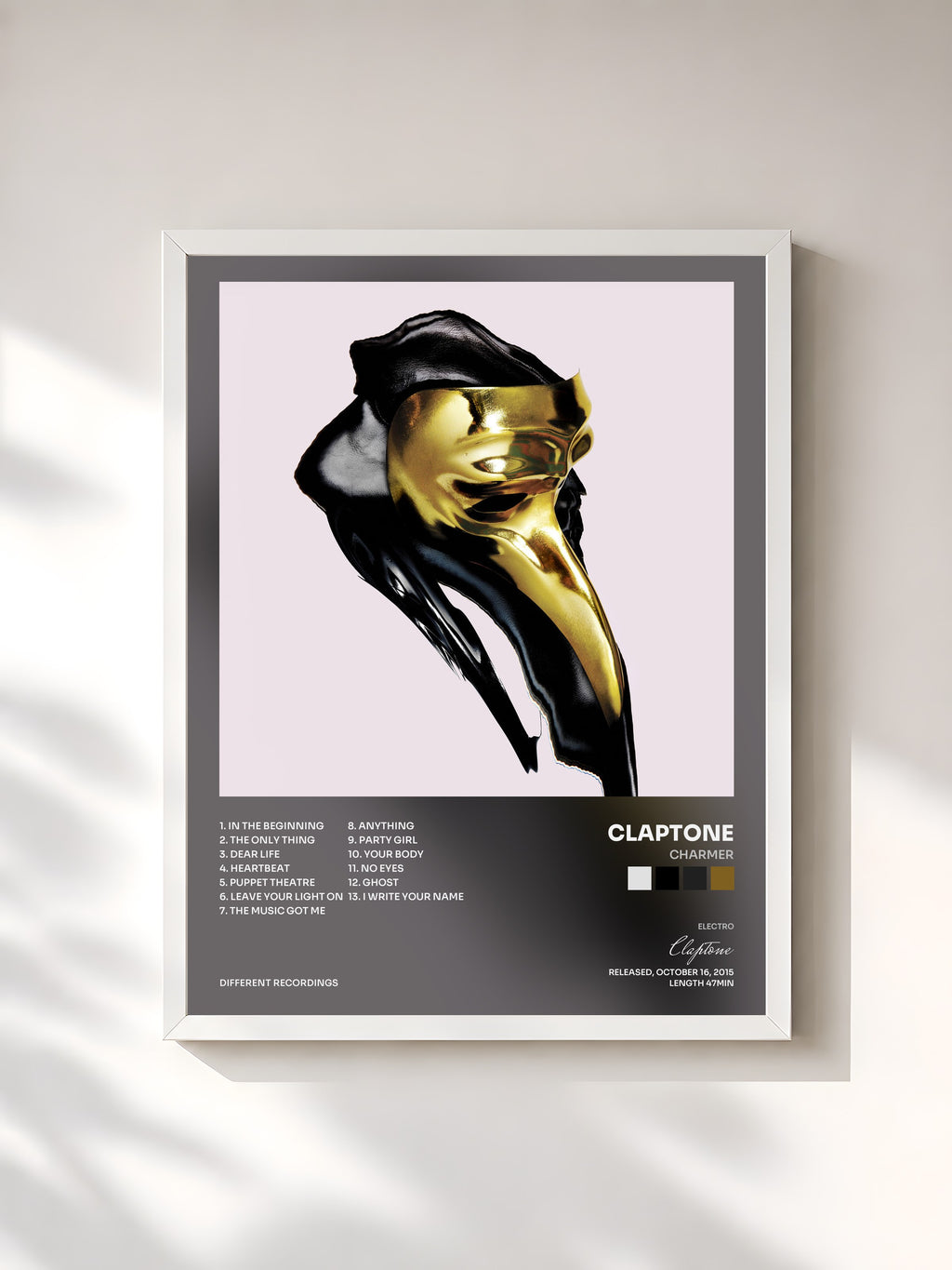 #blanc Tableau de l'album Charmer de Claptone, cadre blanc, imprimé et encadré en France