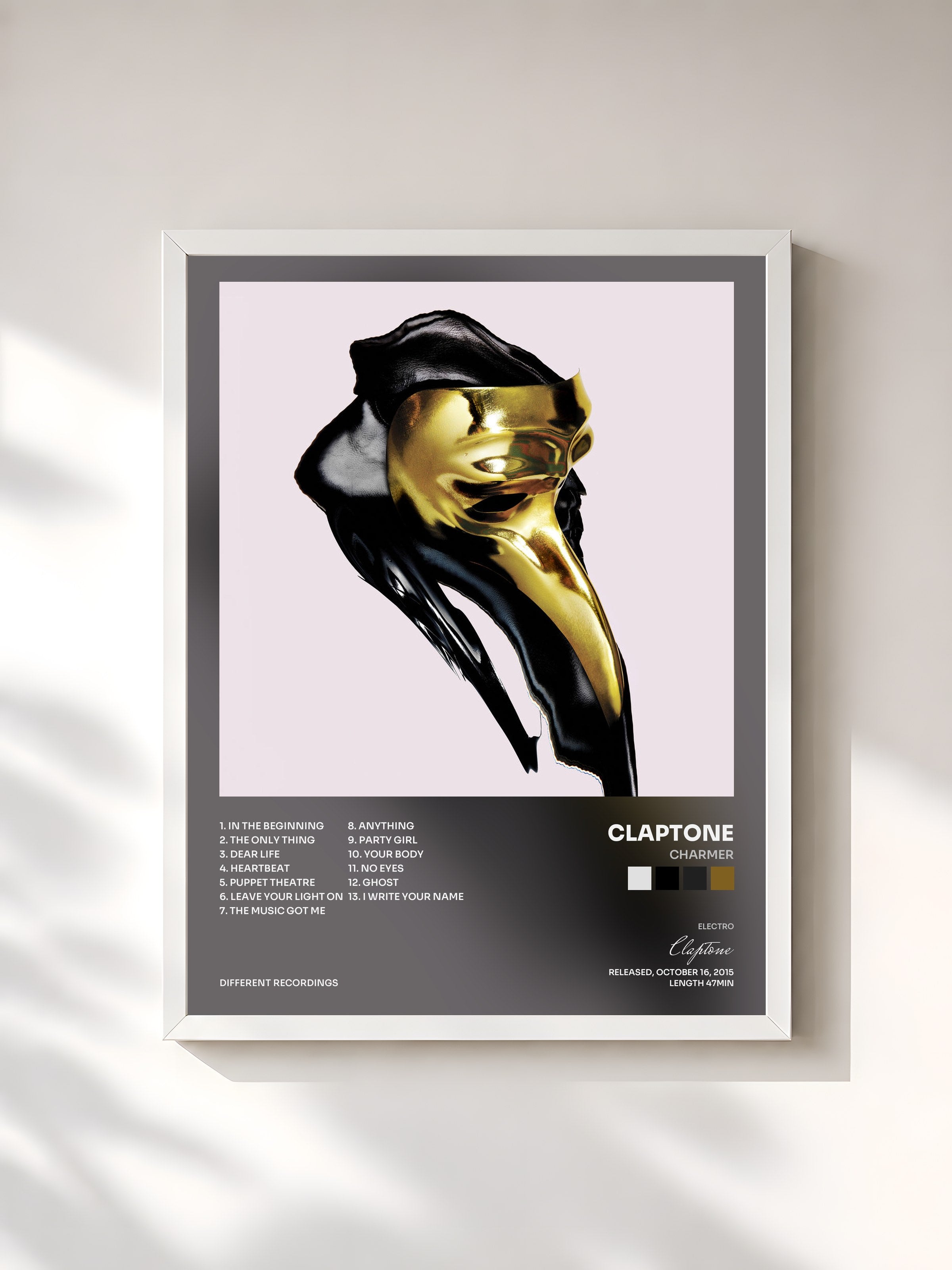 #blanc Tableau de l'album Charmer de Claptone, cadre blanc, imprimé et encadré en France