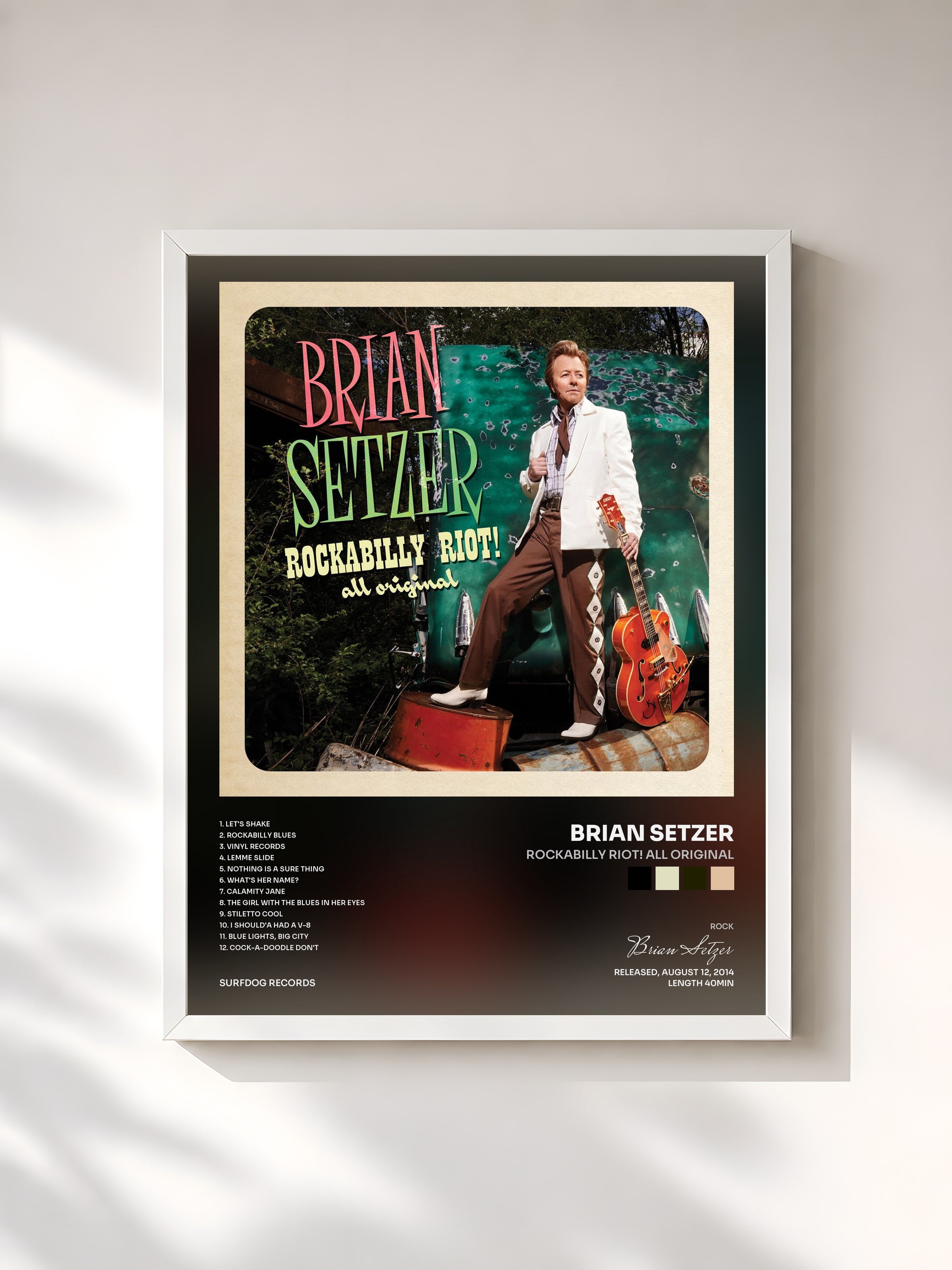 #blanc Tableau de l'album Rockabilly Riot! All Original de Brian Setzer, cadre blanc, imprimé et encadré en France