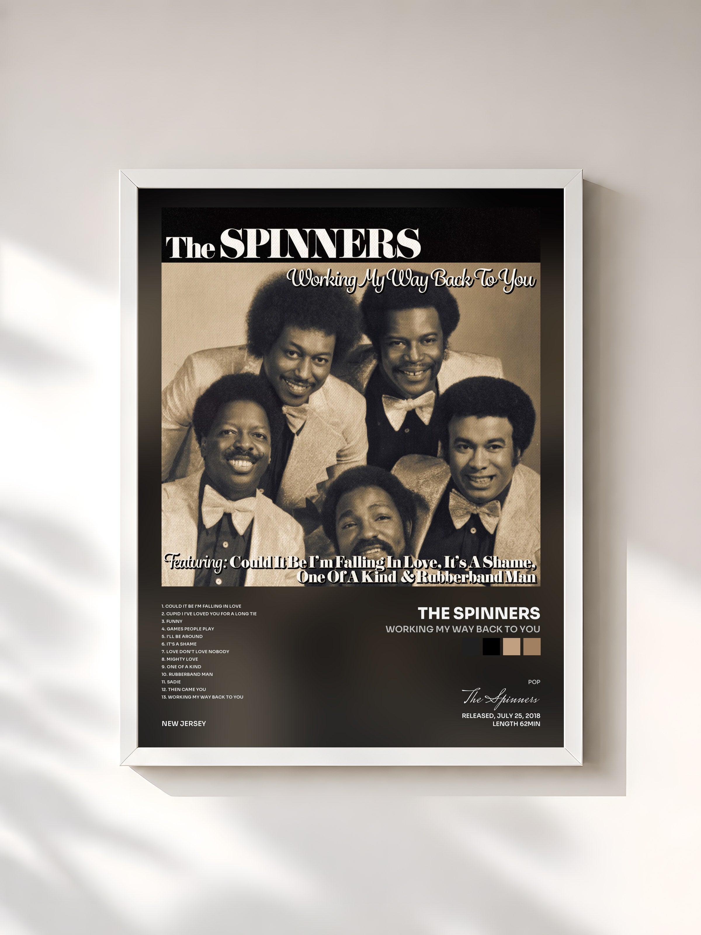 #blanc Tableau de l'album Working My Way Back to You de The Spinners, cadre blanc, imprimé et encadré en France