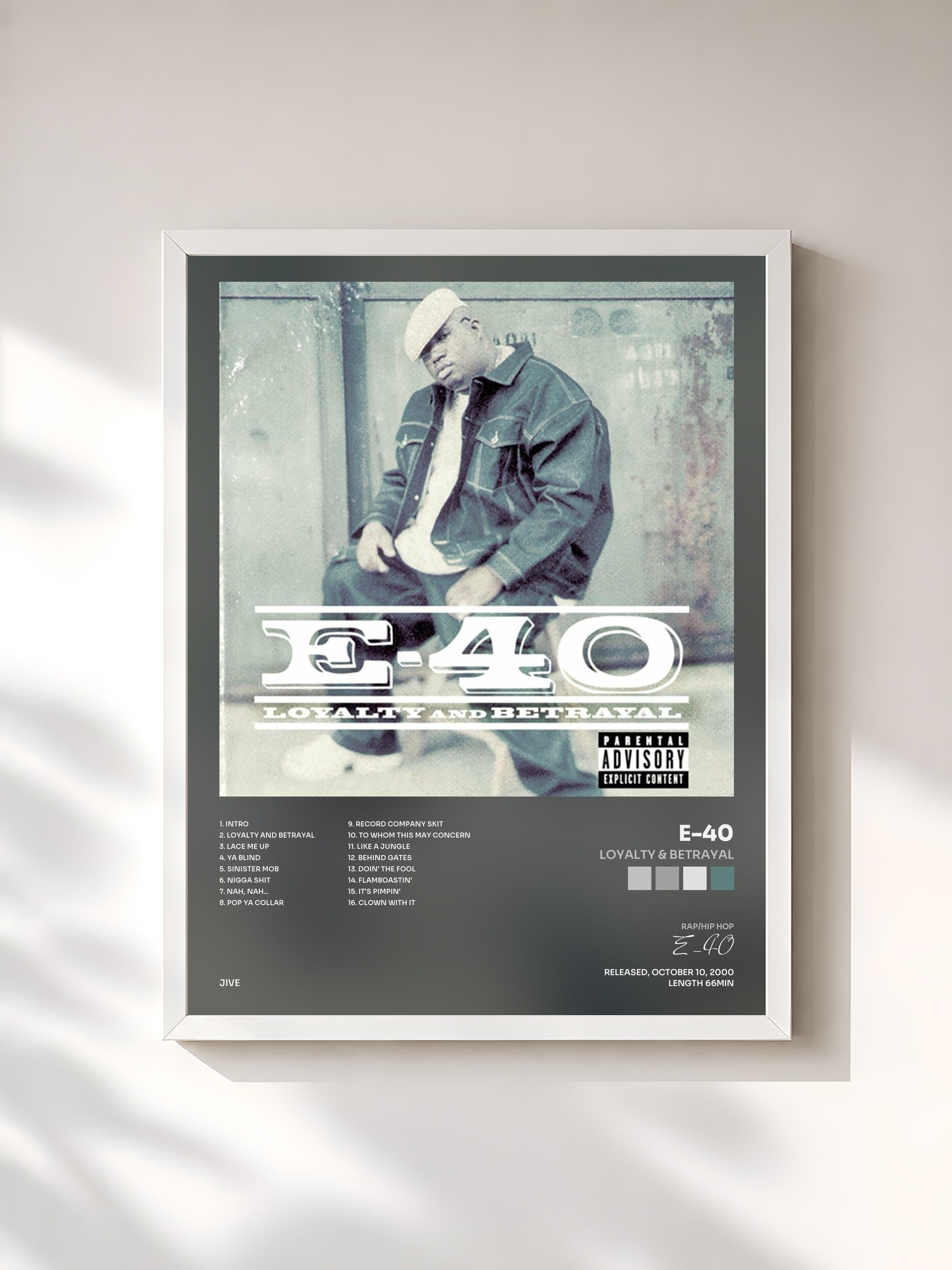 #blanc Tableau de l'album Loyalty & Betrayal de E-40, cadre blanc, imprimé et encadré en France